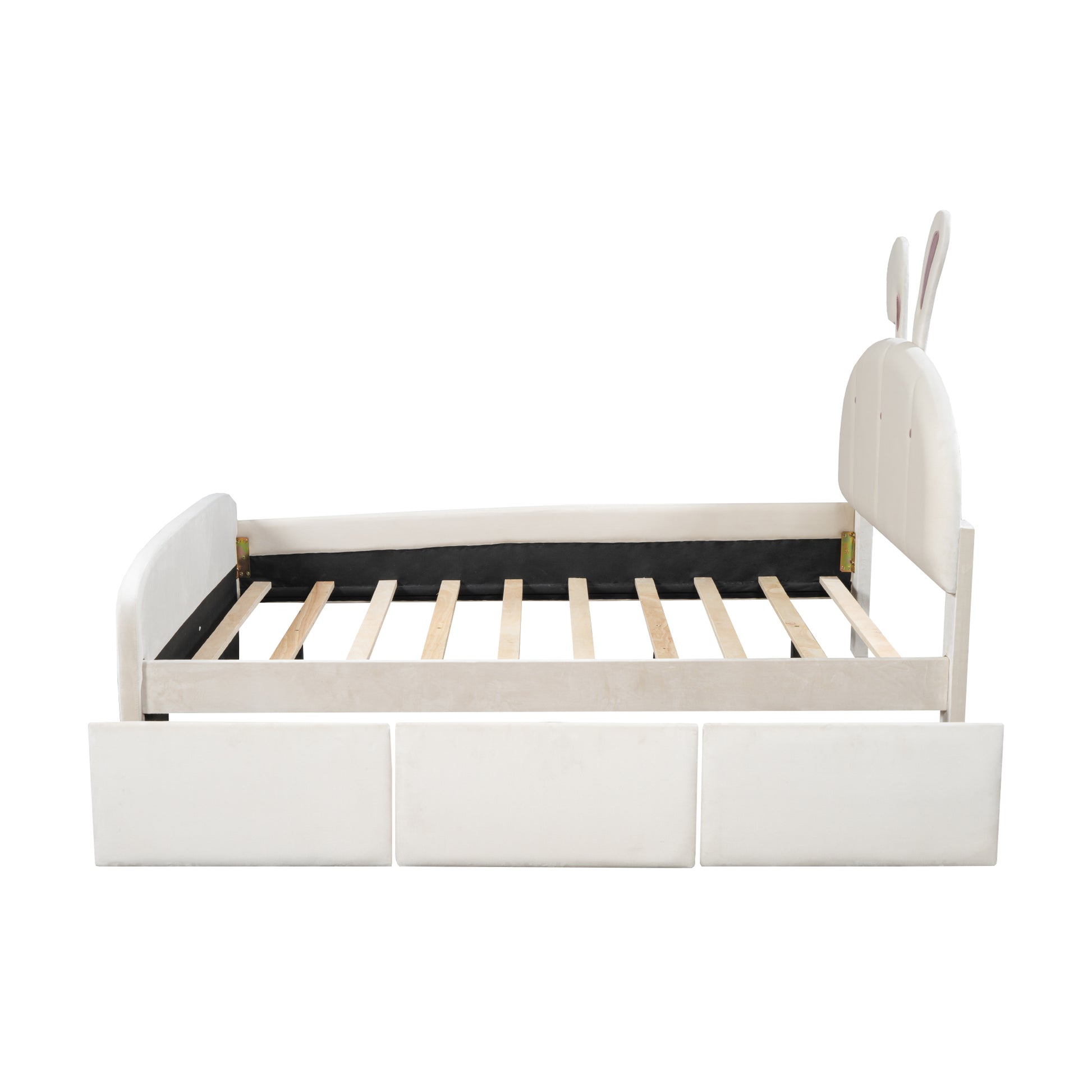 Full Size Velvet Platform Bed With Rabbit Shaped Headboard, With Drawers, With Bed End Storage Pocket, Beige Full Beige Plywood