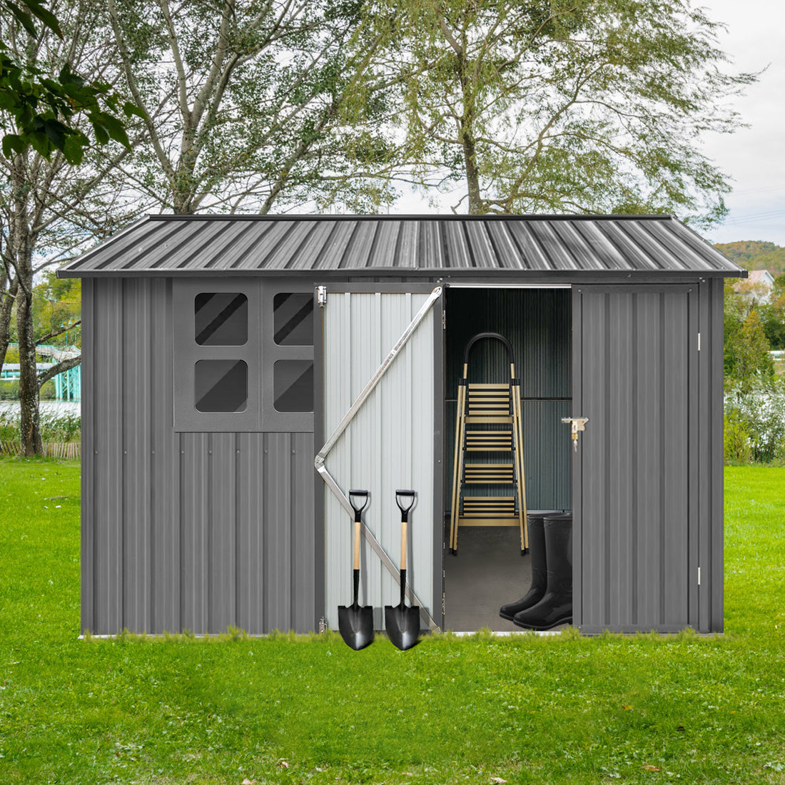 Metal Garden Sheds 6Ftx8Ft Outdoor Grey With Window Grey Metal