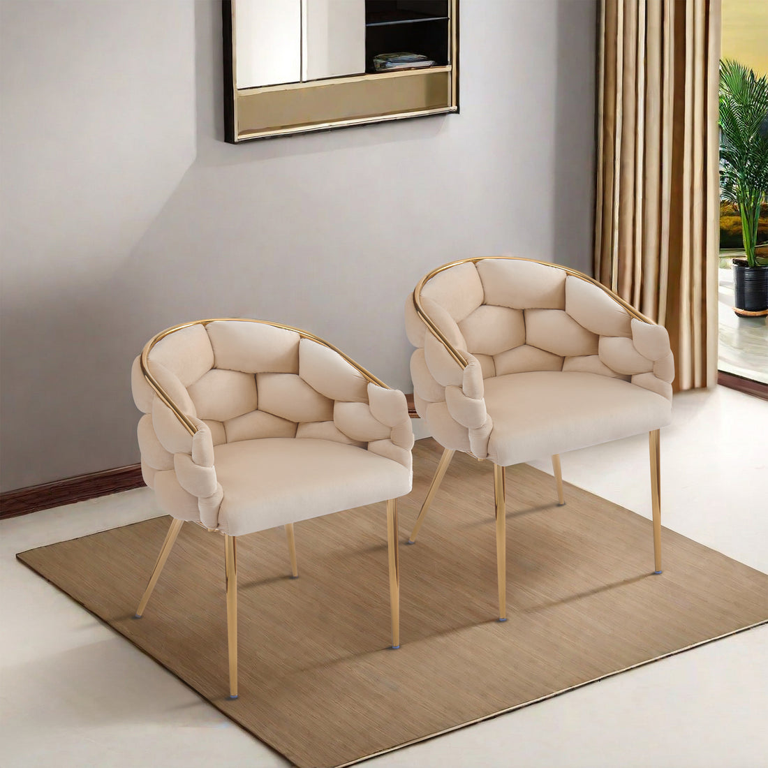 Set Of 2 Luxury Handmade Accent Chair With Gold Legs, Modern Velvet Armchair For Living Room And Bedroom Beige Foam Velvet