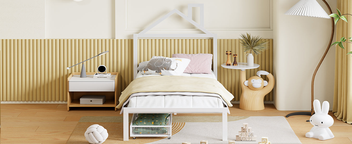 Twin Size Metal Platform Bed With Two Drawers,House Shaped Headboard Design, White Twin White Metal