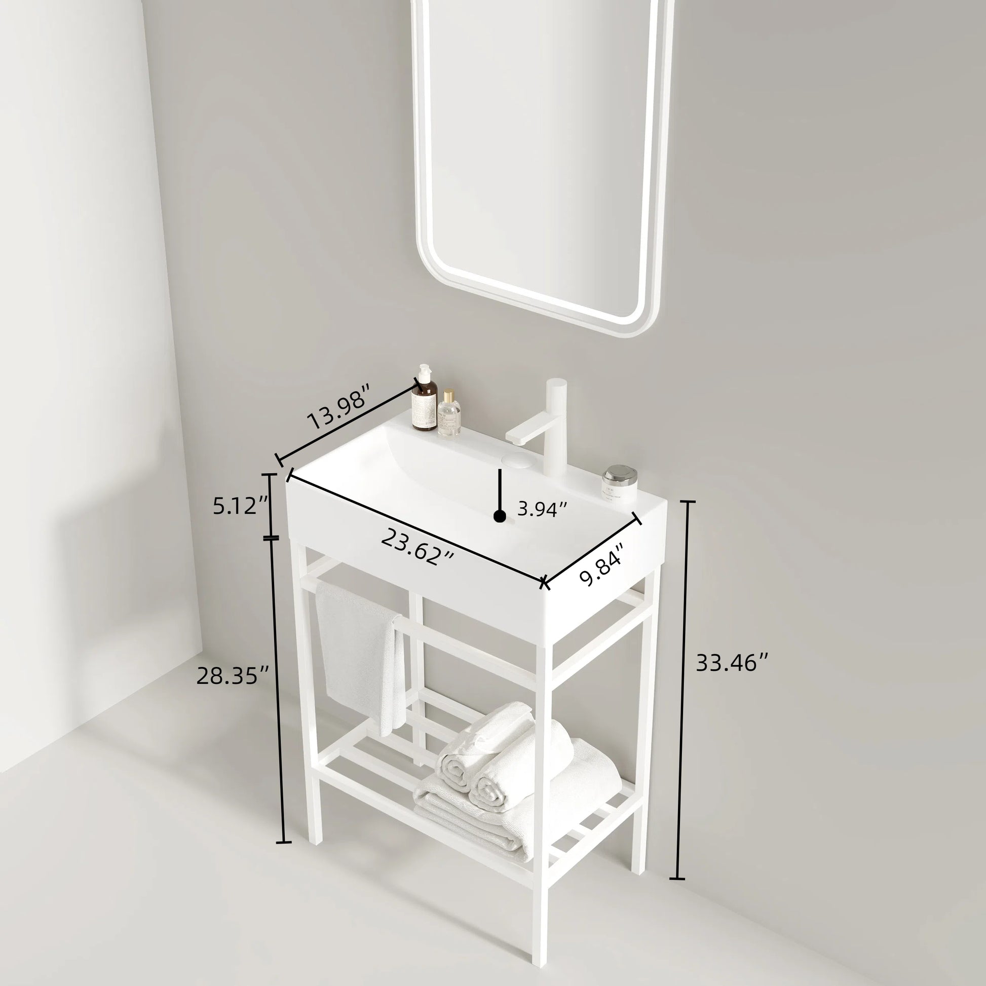 Lofi 24" Bathroom Vanity With Ceramic Basin, Freestanding Bathroom Console Sink Set, Glossy White Rectangular Ceramic Basin Without Faucet, Open Metal Leg, Storage Shelves, White White Bathroom
