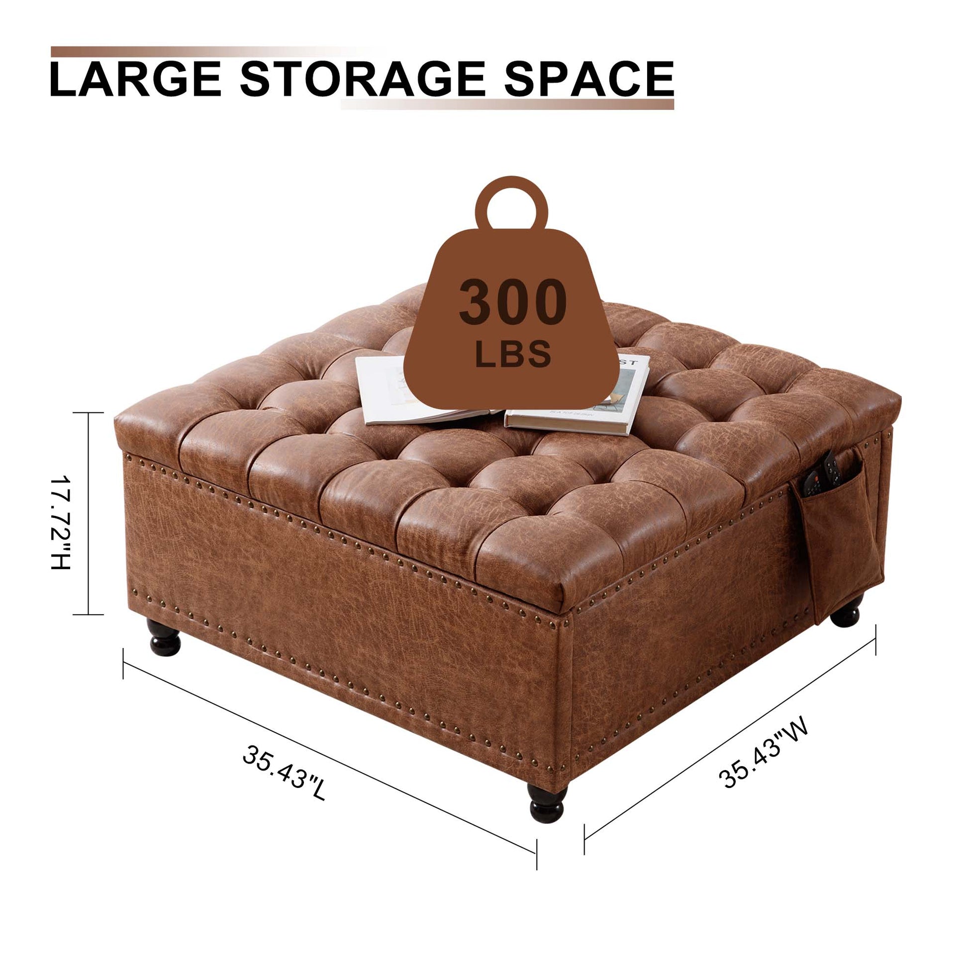 35 Inch Extra Large Storage Ottoman Coffee Table With Lift Top,Faux Leather Ottoman For Living Room,Bedroom Brown Bedroom Leather Wood Fabric