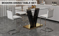 Table And Chair Set. A Rectangular Glass Dining Table With A 0.4 Inch Tempered Glass Tabletop And Mdf Board V Shaped Bracket, Paired With Chairs Consisting Of Pu Seat Cushions And Silver Metal Legs. White Black Seats 4 Tempered Glass