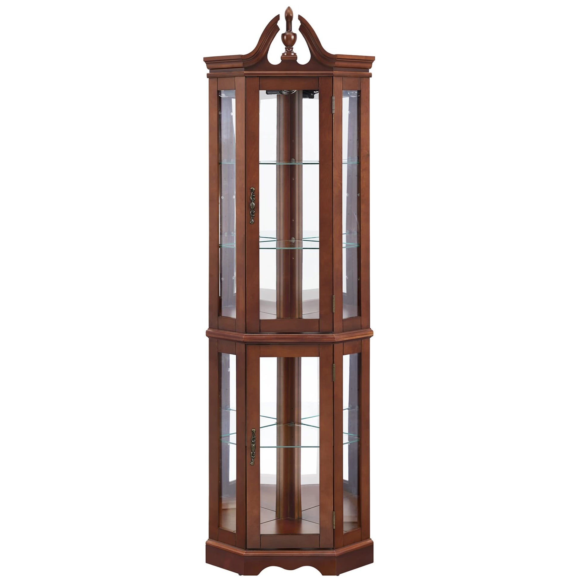 Walnut Corner Curio Cabinet With Lights, Adjustable Tempered Glass Shelves, Mirrored Back, Display Cabinet E26 Light Bulb Not Included Walnut Mdf