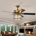 52Inch Antique Bronze Metal 3 Lights Crystal Ceiling Fan With 5 Wood Blades, Two Color Fan Blade, Ac Motor, Remote Control, Reversible Airflow, 3 Speed, Adjustable Height, Traditional Ceiling Fan Antique Brass American Design,American