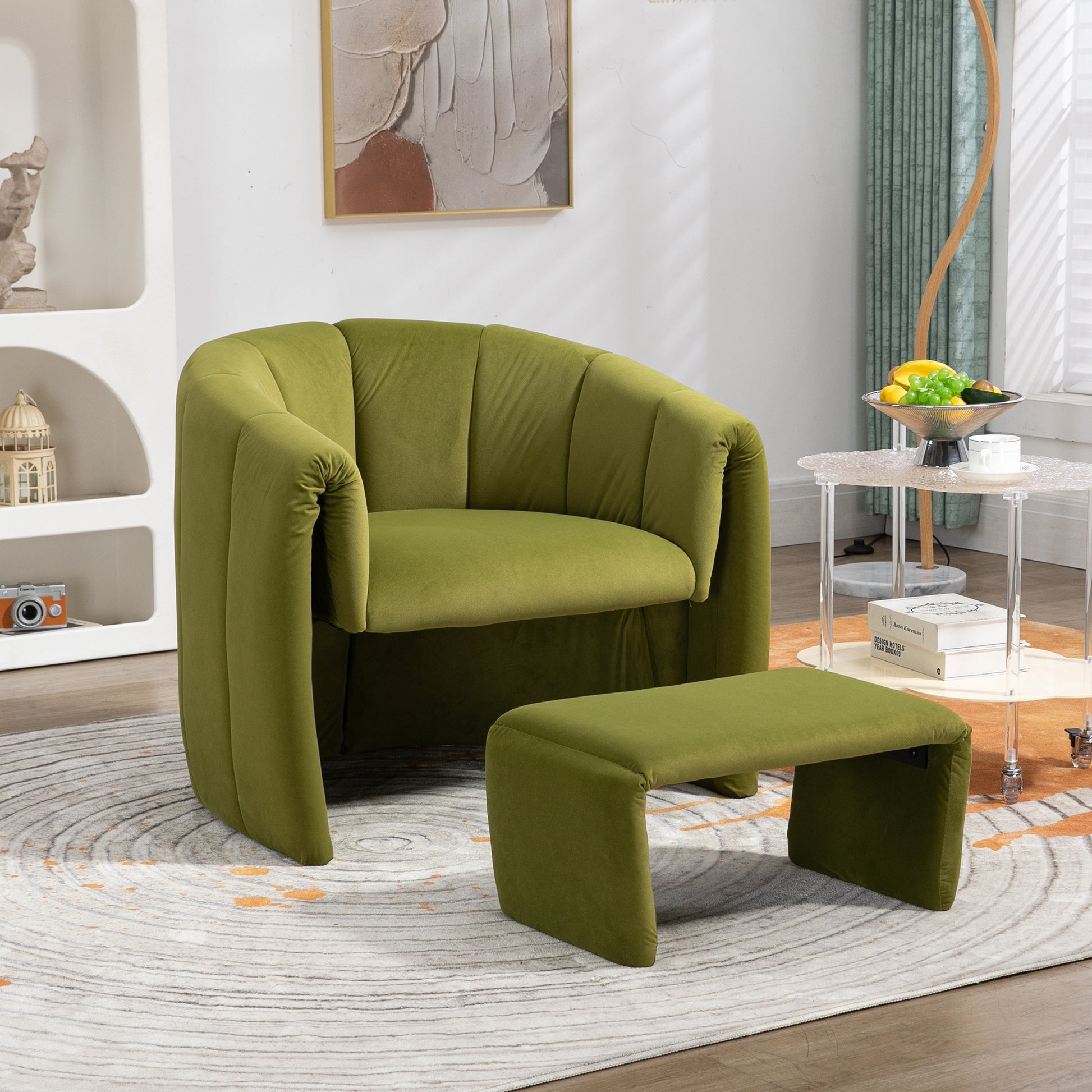 Coolmore Accent Chair With Ottoman, Mid Century Modern Barrel Chair Upholstered Club Tub Round Arms Chair For Living Room Bedroom Office Olive Green Velvet Olive Green Foam Velvet