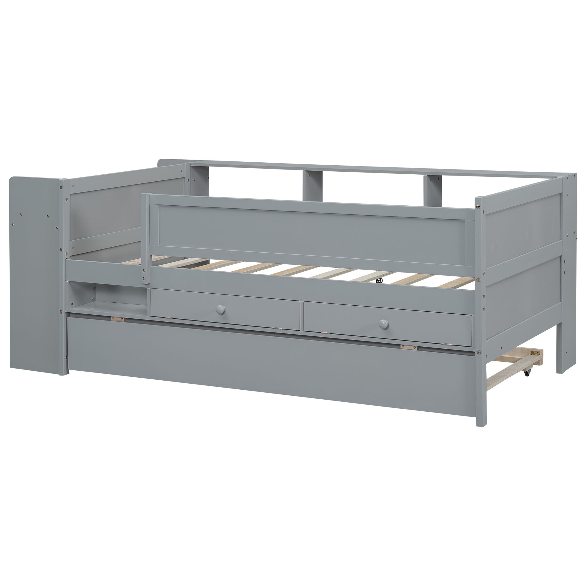 Multi Functional Twin Daybed With Drawers And Trundle, Headboard Storage And Tables, Usb Charging Station, Gray Box Spring Not Required Twin Gray Wood Daybeds Pine