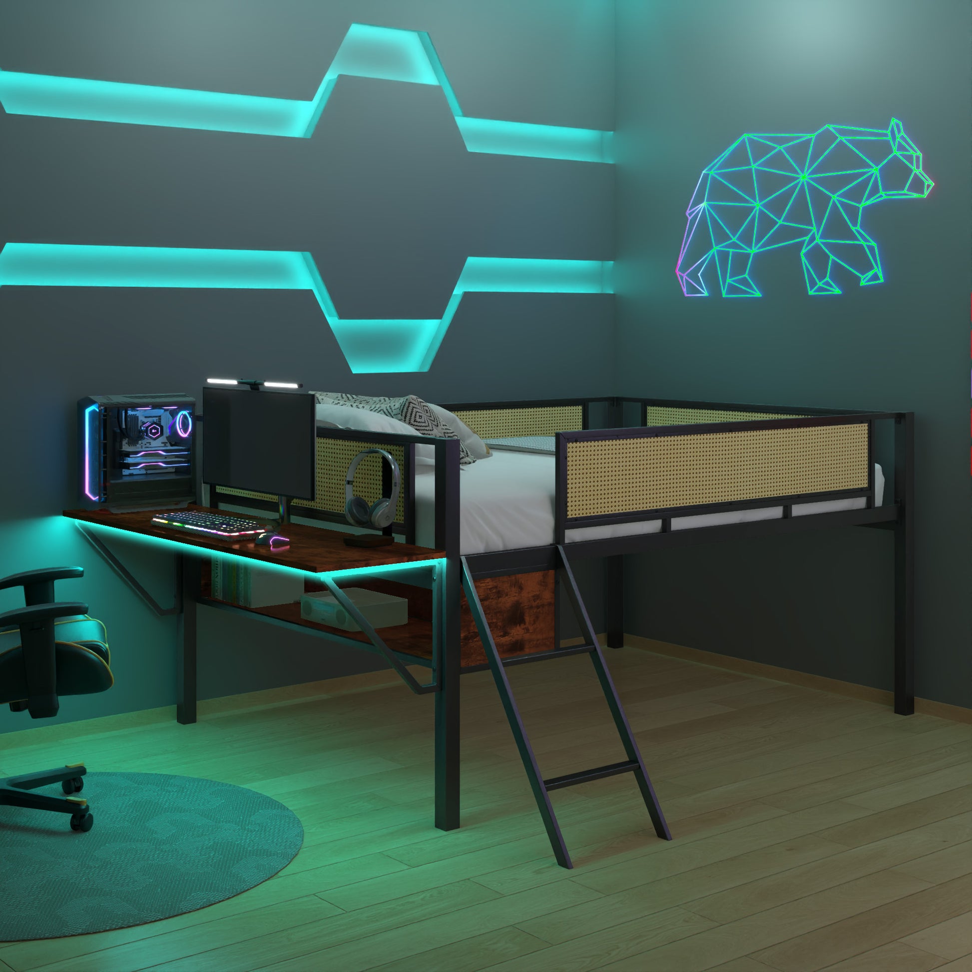 Single Metal Loft Bed With Rectangular Desk, Led Lights, Led Loft Bed Frame Double Bed With Storage Shelves And Hanging Storage Compartments, Safety Guard And Ladder, No Box Springs Required, Rattan G Full Black Brown Mdf Iron