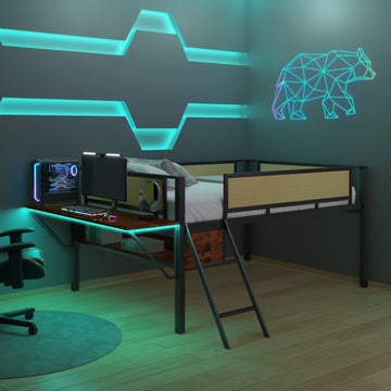 Single Metal Loft Bed With Rectangular Desk, Led Lights, Led Loft Bed Frame Double Bed With Storage Shelves And Hanging Storage Compartments, Safety Guard And Ladder, No Box Springs Required, Rattan G Full Black Brown Mdf Iron