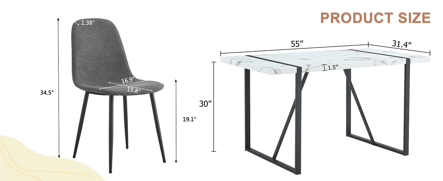 Table And Chair Set.A Modern Minimalist White Marble Veined Mdf Dining Table With Metal Frame.Paired With 6 Dark Gray Dining Chairs With Fabric Cushion And Black Metal Legs. Dark Gray,White Seats 6