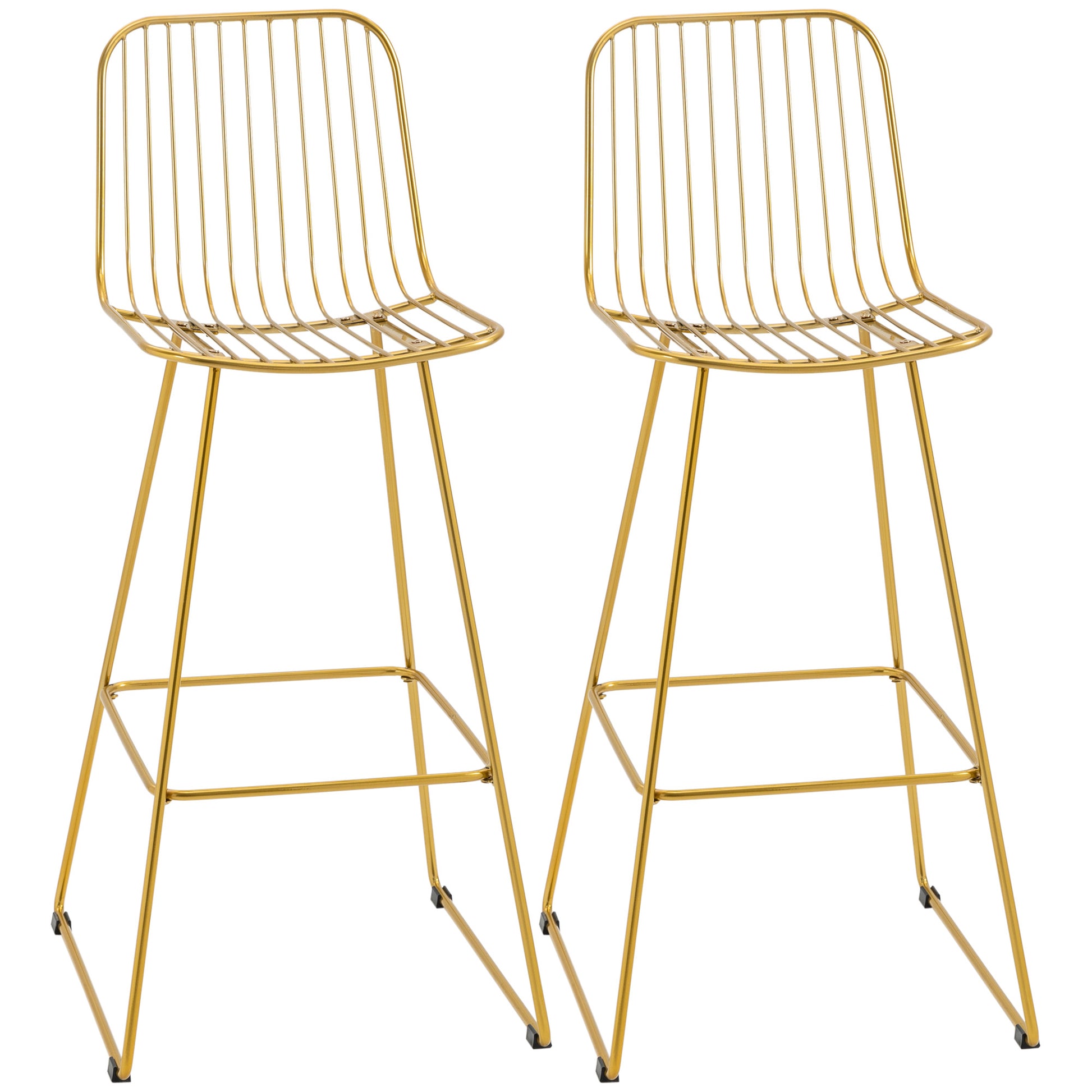 Homcom Modern Bar Stools, Metal Wire Bar Height Barstools, 30" Seat Height Bar Chairs For Kitchen With Back And Footrest, Set Of 2, Gold Gold Steel