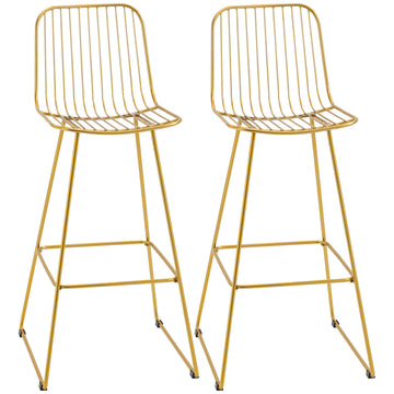 Homcom Modern Bar Stools, Metal Wire Bar Height Barstools, 30" Seat Height Bar Chairs For Kitchen With Back And Footrest, Set Of 2, Gold Gold Steel