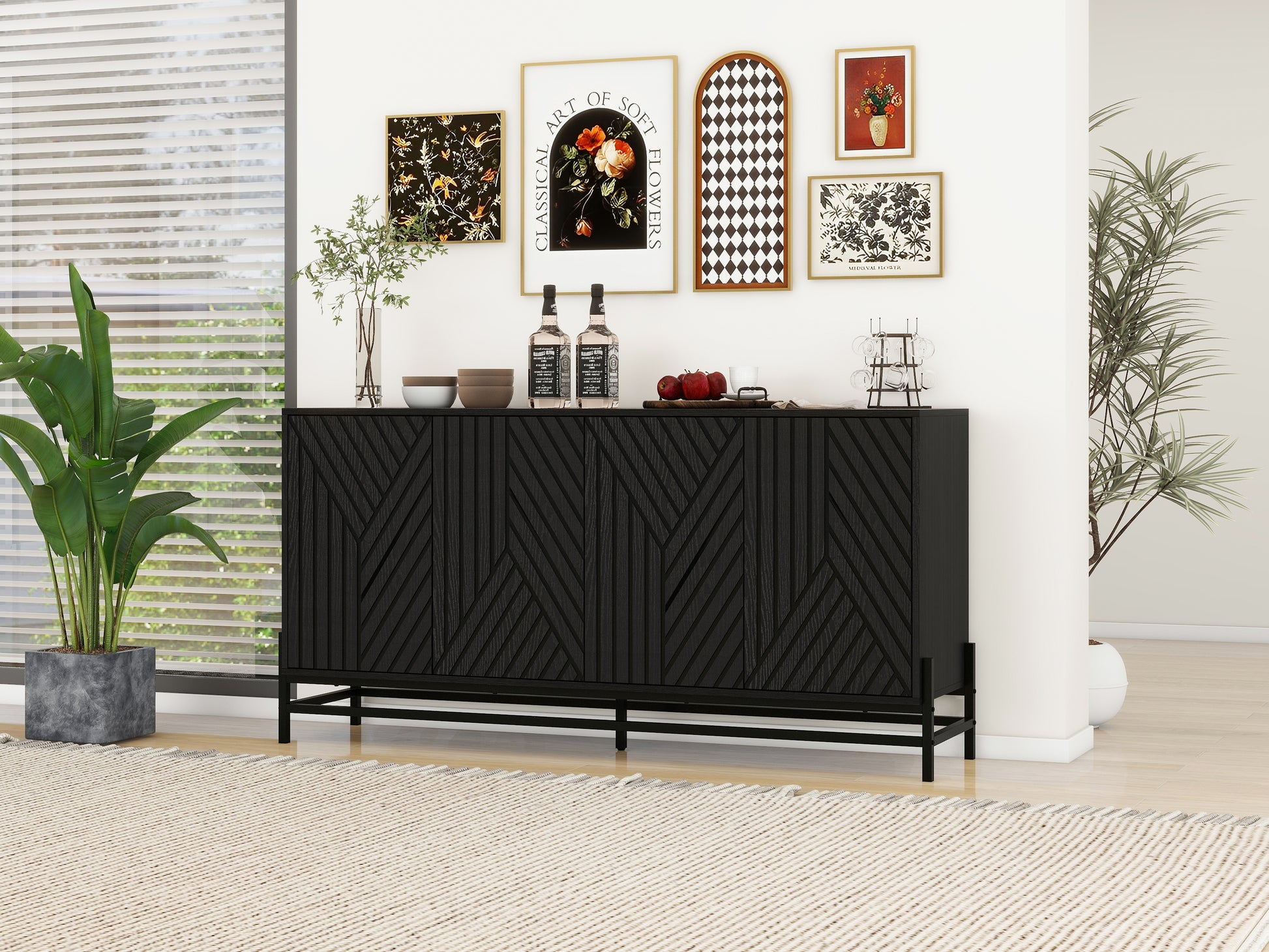 Carved 4 Door Sideboard ,Sideboard Buffet Cabinet With Storage ,Storage Cabinet With Adjustable Shelf For Living Room,Bedroom ,Diningroom Black Modern Mdf