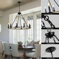 Rustic Farmhouse 10 Light Candle Chandelier, Black Metal And Wood Round Hanging Light Fixture For Dining Room, Kitchen, Living Room, Adjustable Height, E12 Bulb Base No Bulbs Matte Black,White Oak