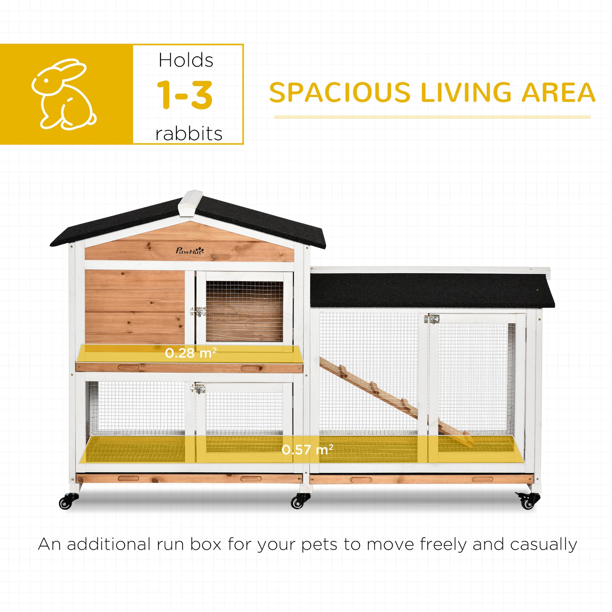 Pawhut 62" Rabbit Hutch, Wooden Bunny Hutch, Guinea Pig Cage, Small Animal Enclosure With Wheels, Run Area, Removable Tray, Asphalt Roof, Lockable Doors And Ramp, Nature Wood Natural Wood Wood