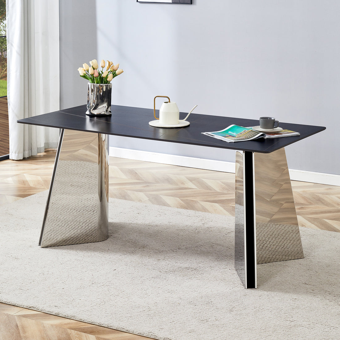 63"X31.5X30" Black Marble Patterned Slab Dining Table With Stainless Steel Butterfly Legs.The Tabletop Is Designed To Be Scratch And Heat Resistant.Slabs Tabletop,Stainless Steels Legs. Black,Silver