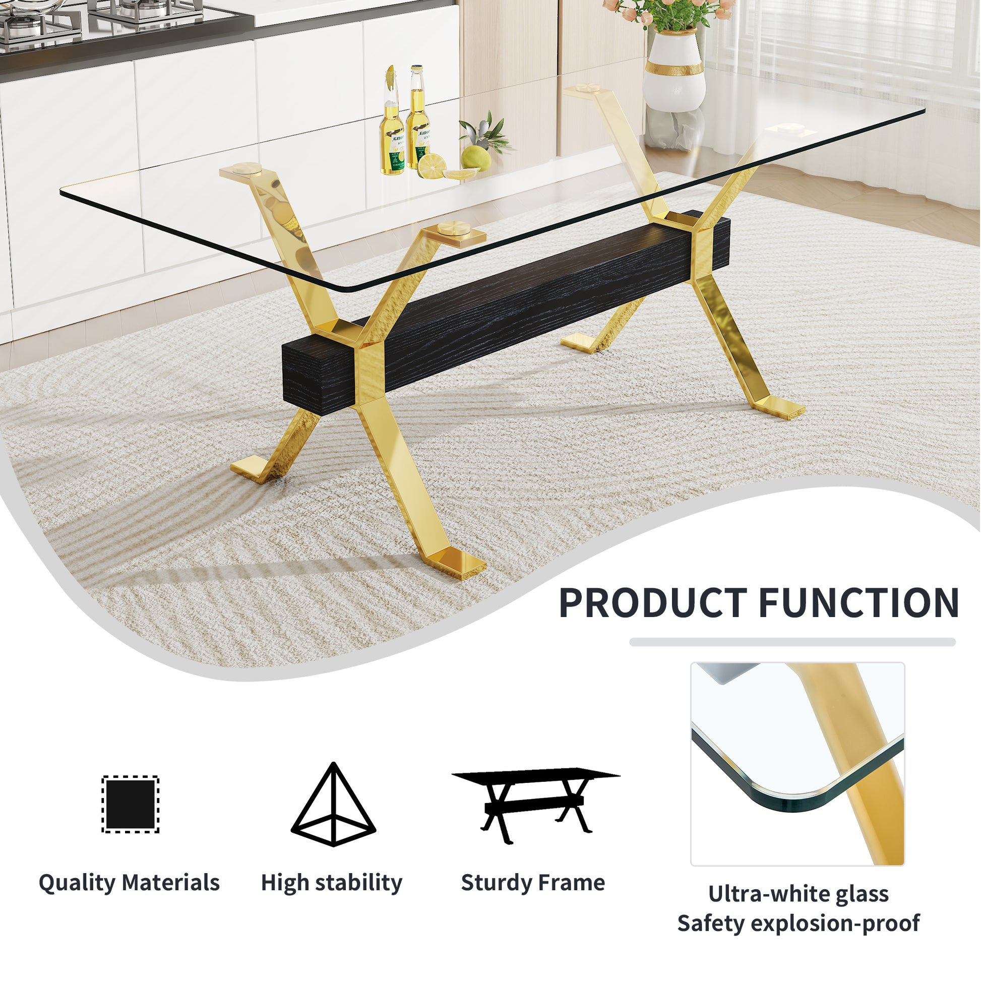 Dining Table. Modern Tempered Glass Dining Table. Large Modern Office Desk With Gold Metal Legs And Mdf Crossbars, Suitable For Home And Office Use. Kitchen .71 ''X35.4''X30 '' 1105 Transparent Glass