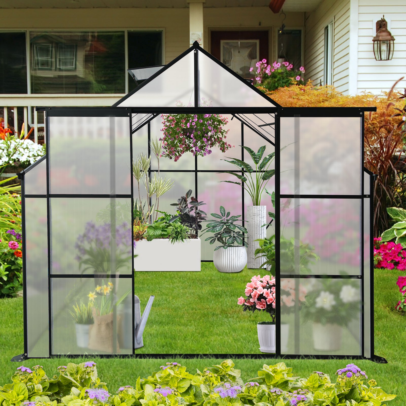8X6Ft Black Double Door Polycarbonate Greenhouse Raised Base And Ancho