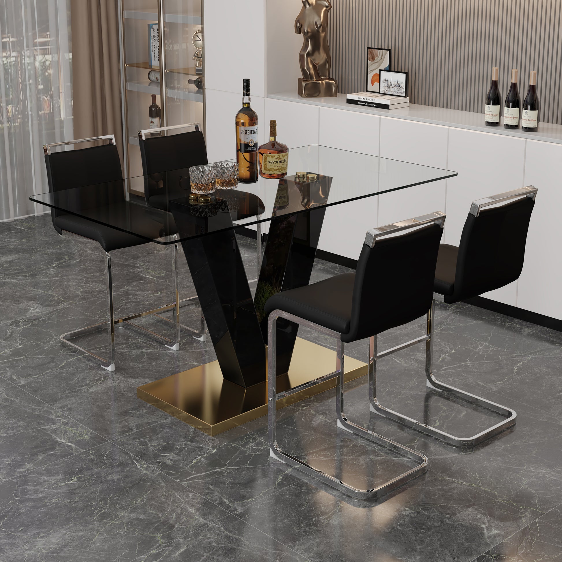 Table And Chair Set. A Rectangular Glass Dining Table With A 0.4 Inch Tempered Glass Tabletop And Mdf Board V Shaped Bracket, Paired With Chairs Consisting Of Pu Seat Cushions And Silver Metal Legs. Black Seats 4 Tempered Glass