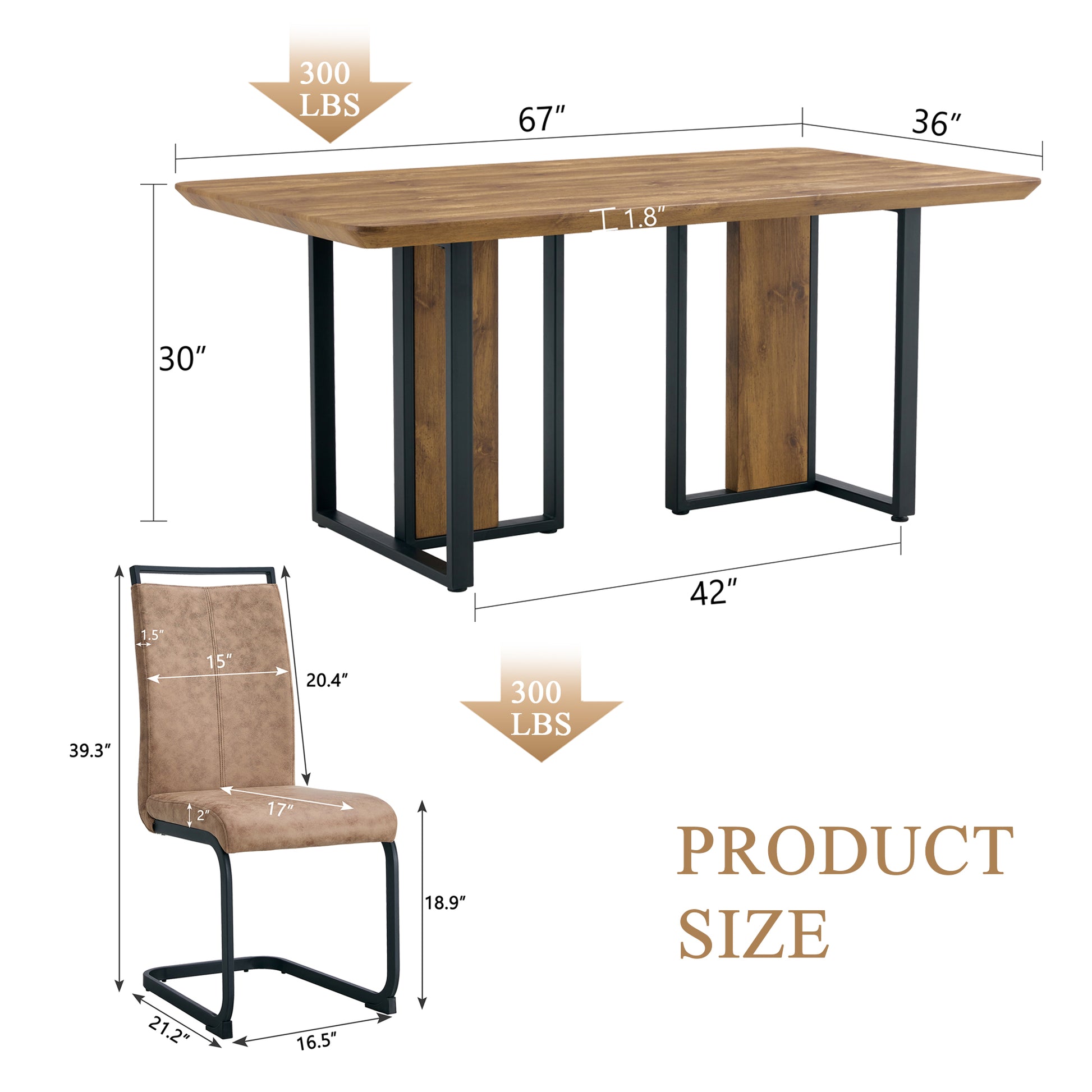 Table And Chair Set.67"X36" Wood Textured Mdf Dining Table Set With 4 Brown Fabric Chairs.Mdf Sticker,Wood Colored Texture Sticker,Black C Tube Dining Chair Legs,Suitable For Kitchen,Dining