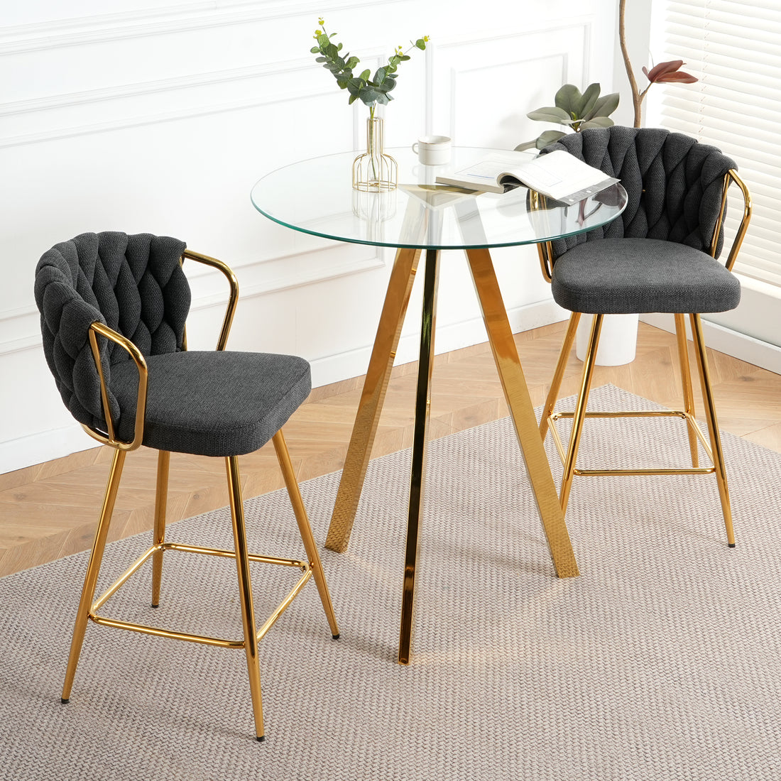 Stylish Dark Grey Cotton And Linen Design, Gold Plated Metal Legs, Round Tempered Glass Countertop, Bar Chair Cover, Suitable For Bar, Restaurant, Bedroom Bar Chair, Set Of 3 Metal Dark Gray Seats 2