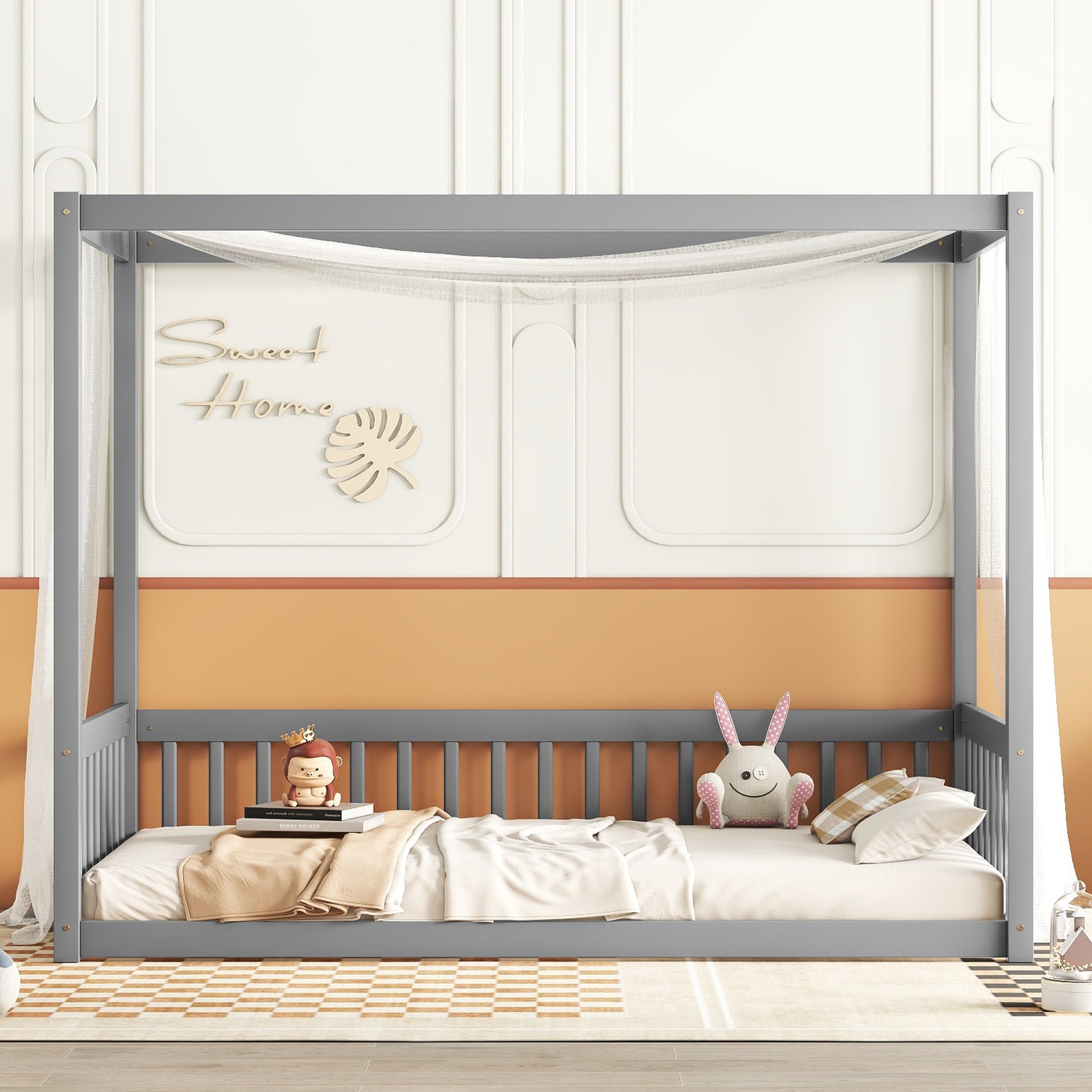 Twin Size Canopy Frame Floor Bed With Fence, Guardrails,Grey Twin Grey American Design Pine