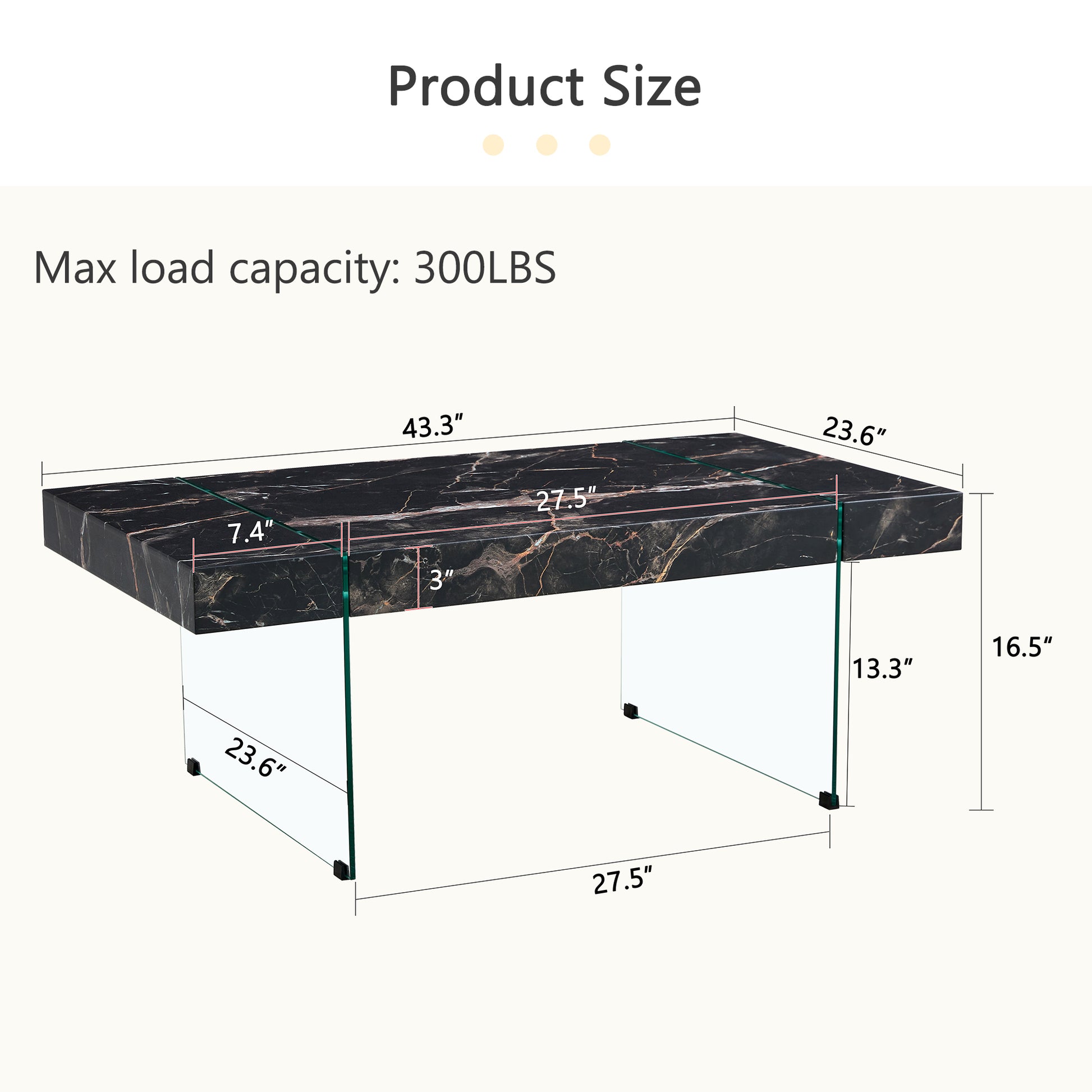 43.3"X23.6" Black Marble Patterned Mdf Coffee Table With Tempered Glass Legs.Suitable For Living Room.It Can Be Used Not Only As A Coffee Table But Also As A Side Table Or Display Stand.