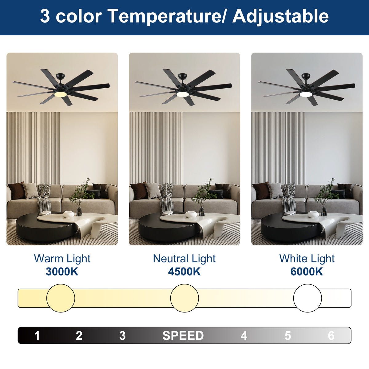 Ferrette 72" Large Ceiling Fan With LED Light & Remote – 8-Blade, Reversible DC Motor
