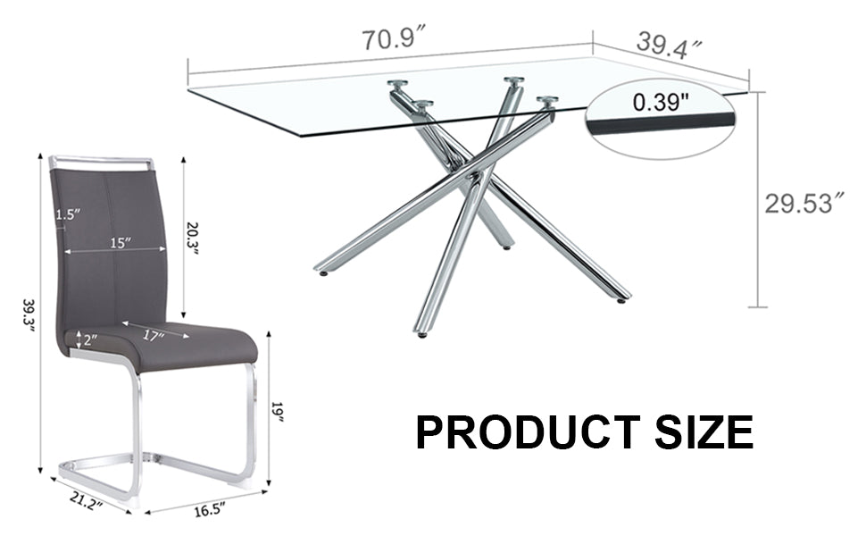 Table And Chair Set.Modern Luxurious Transparent Tempered Glass Dining Table Set.Paried With 8 Dark Gray Chairs With Pu Cushion And Silver C Tube Metal Legs. Dark Gray,Transparent Seats 8 Glass