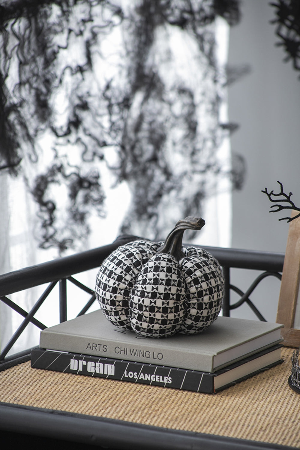 Set Of 2, 7X7X6.7" Fabric Black White Plaid Pumpkin Decor, For Holiday Halloween Decoration Black,White Polyester