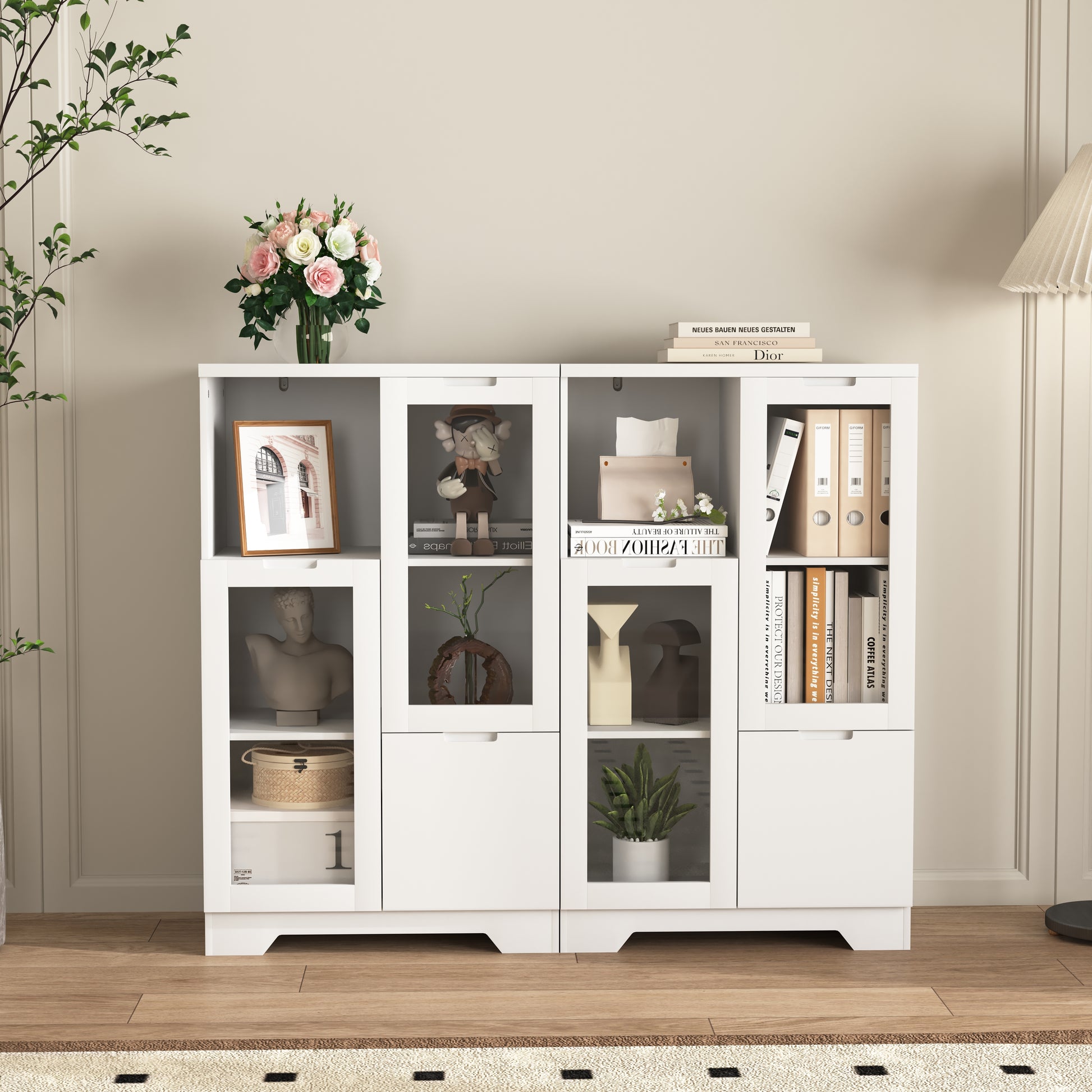 Wooden Floor Cabinet With 2 Glass Doors And 2 Storage Space,White ,Living Room Bathroom Entryway White White Mdf