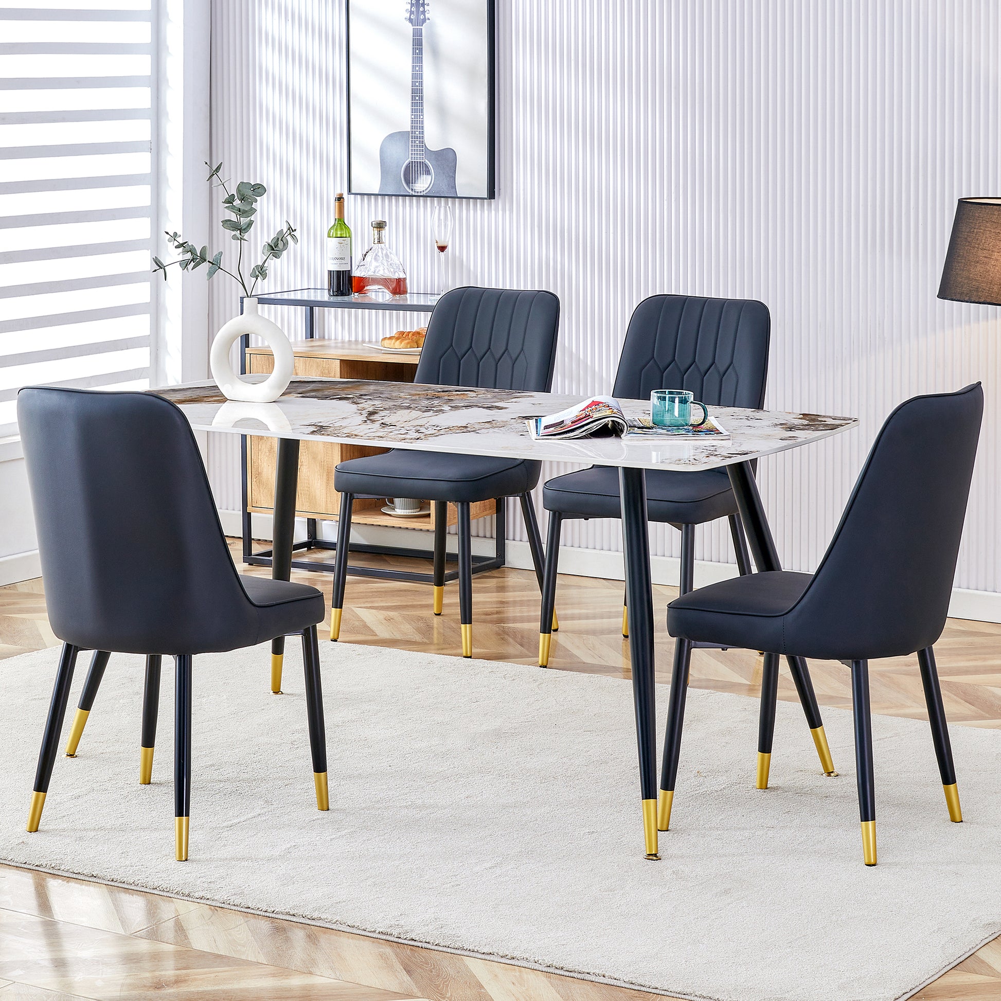 Modern Minimalist Dining Table. Imitation Marble Patterned Stone Burning Tabletop With Black Metal Legs.Modern Dining Chair With Pu Artificial Leather Backrest Cushion And Black Metal Legs.F 001 C 007 Black Gold Sintered Stone