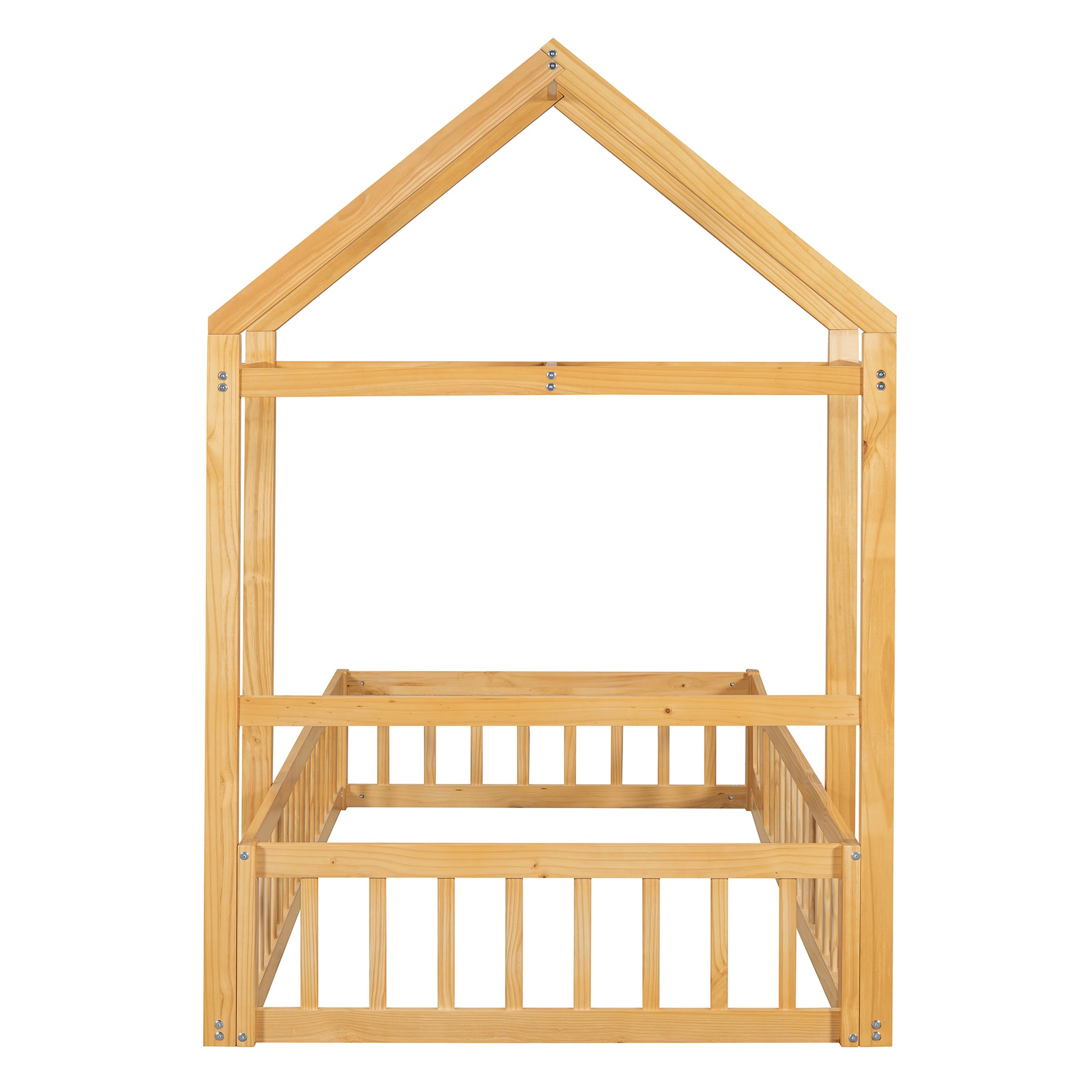 Wooden Floor Bed With Fence Railings And Detachable House Shape Headboard, Twin Size Bed With Kids Dress Up Rack, Kids Montessori Style Playhouse Frame For Girls Boys, Natural Twin Natural Wood