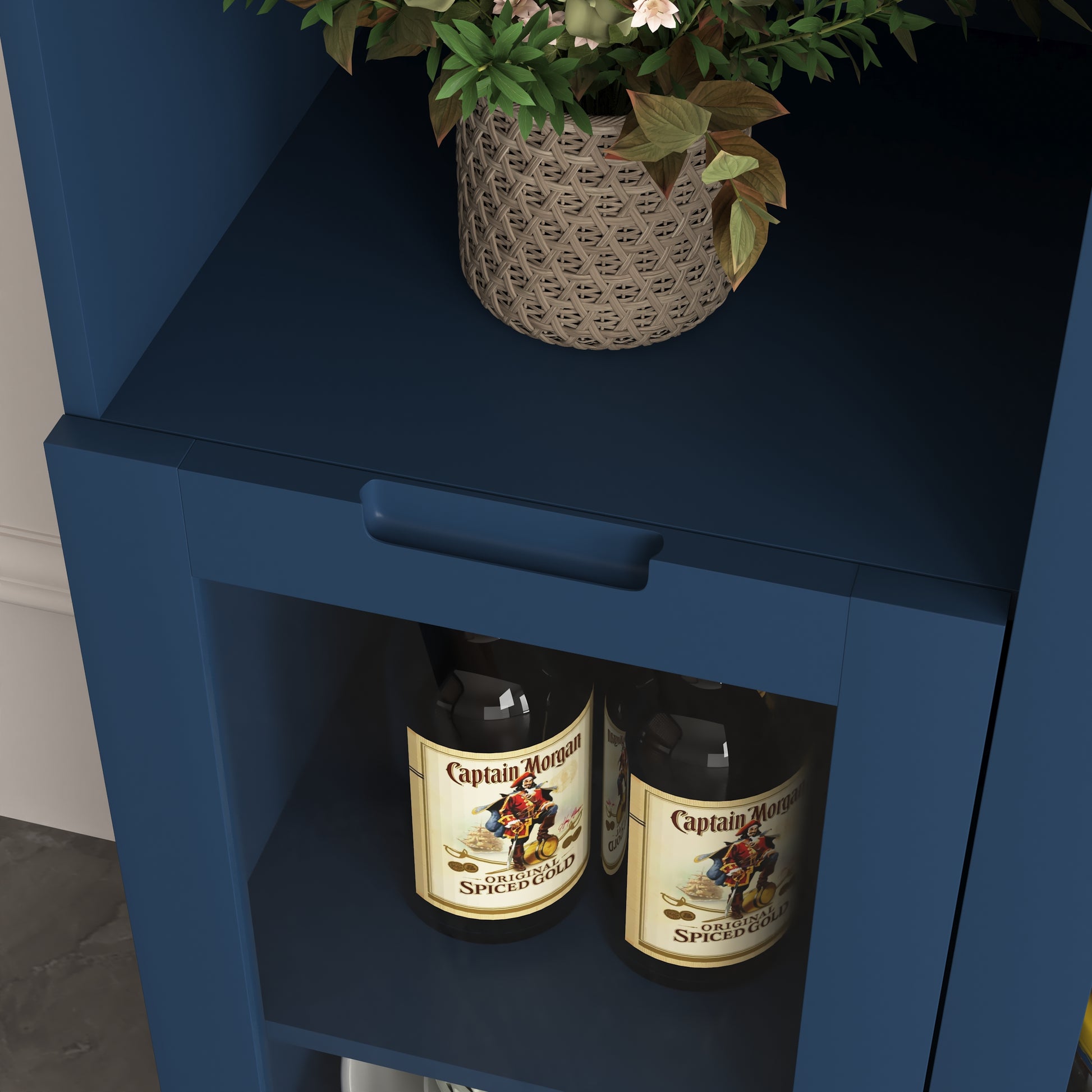 Wooden Floor Cabinet With 2 Glass Doors And 2 Storage Space,Blue Living Room Bathroom Entryway Blue Mdf