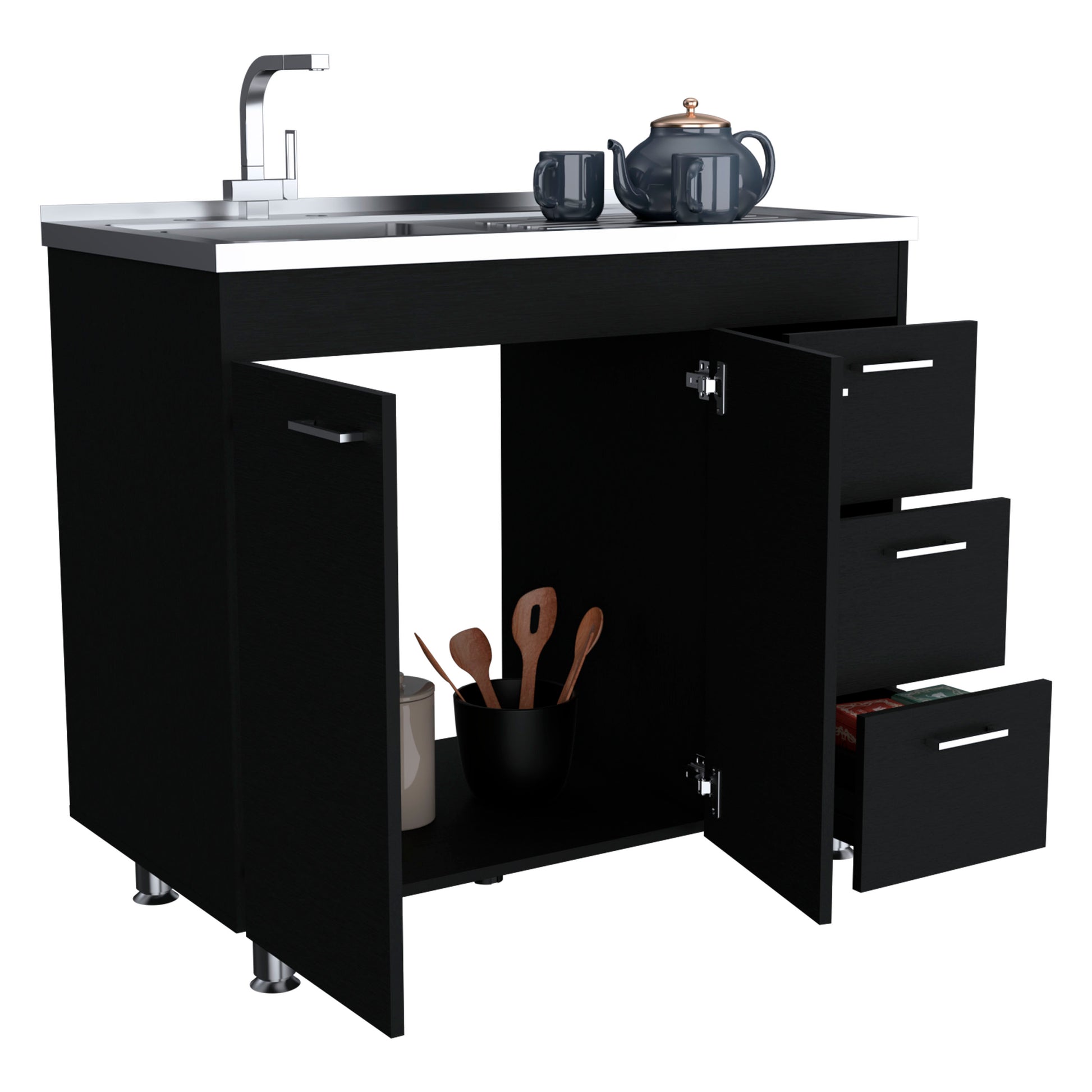 Ferretti Utility Sink With Three Drawers And Double Door Cabinet Black Kitchen Shelves Included Modern Particle Board