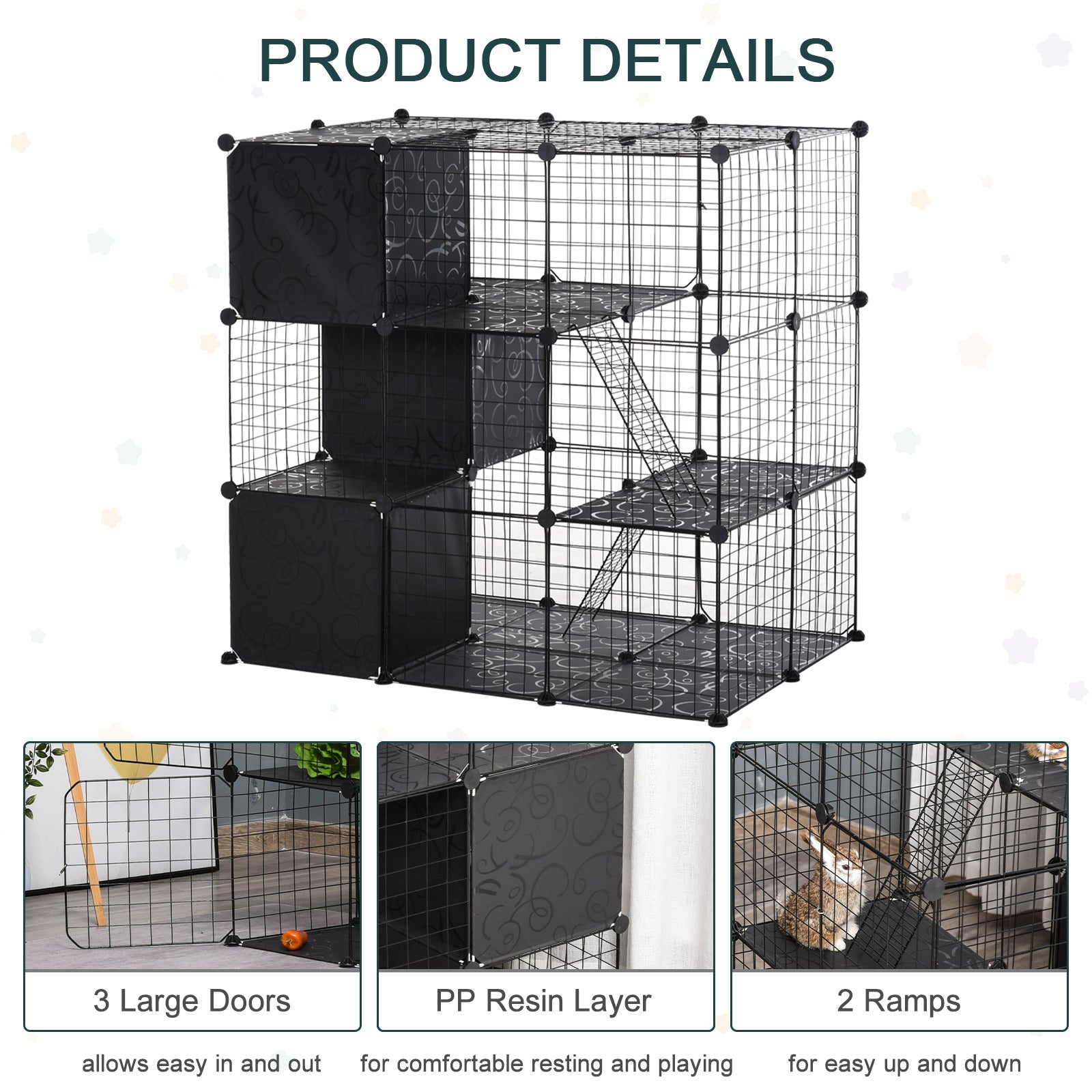 Pawhut Pet Playpen Small Animal Cage 56 Panels With Doors, Ramps And Storage Shelf For Rabbit, Kitten, Chinchillas, Guinea Pig And Ferret Black Metal