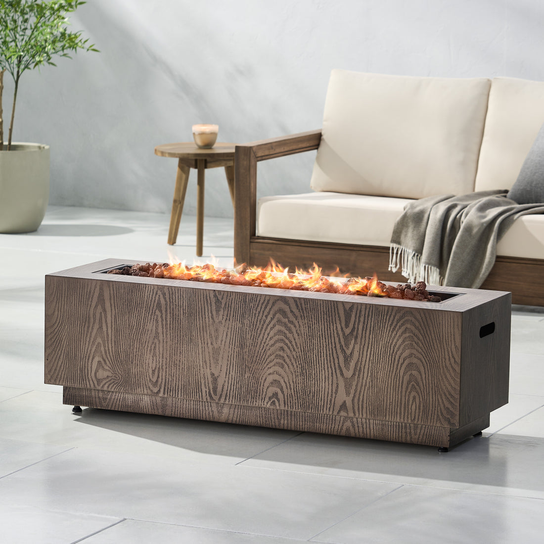 48" Outdoor 50,000 Btu Rectangular Iron Propane Fire Pit, Brown Wood Pattern Tank Cover Not Included Wood Iron