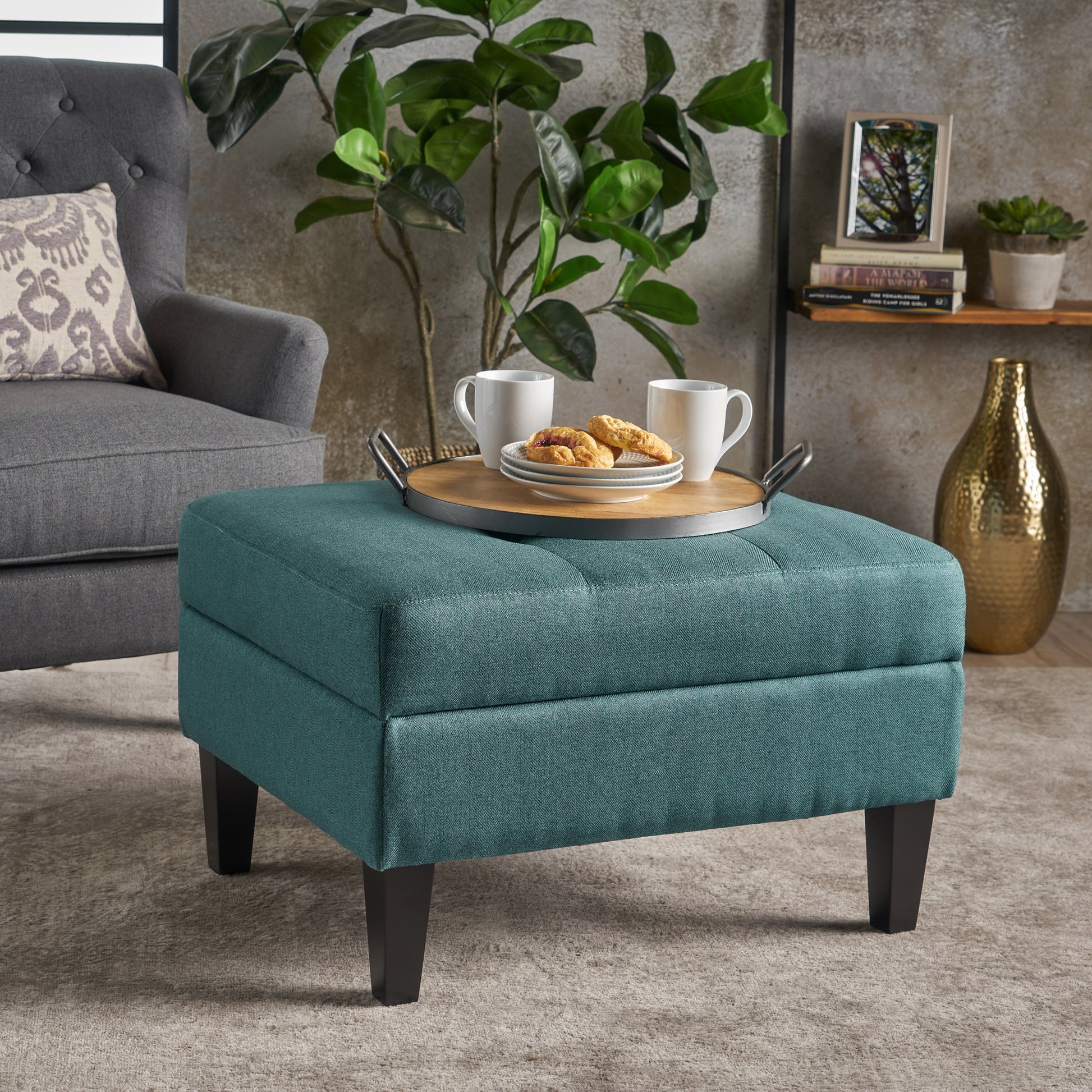 Storage Ottoman Teal Wood Fabric