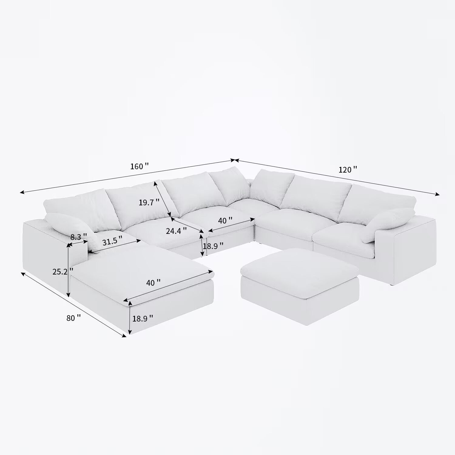 Large Size Modular Cloud Sofa 8 Seater Down Sofa Bed Apartment Living Room Sofa 8Seater White Down Filling 8 Seat