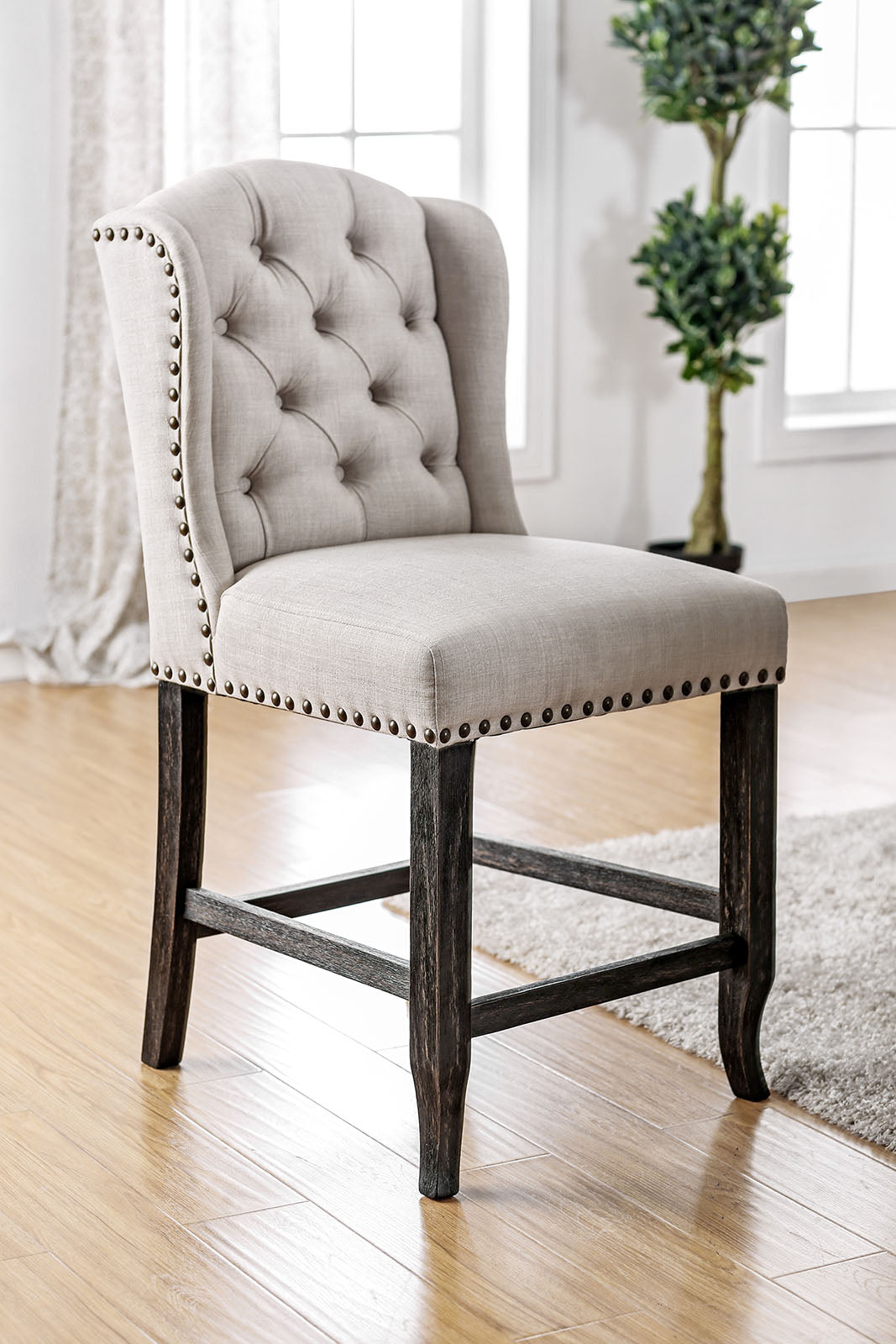 Wooden Counter Height Wingback Chair, Ivory And Black Set Of 2 Antique Gray Wood Fabric