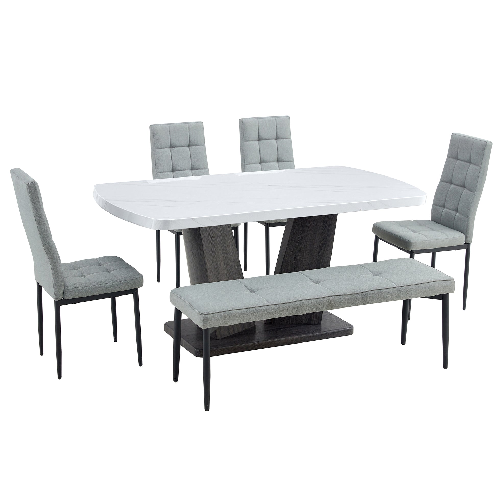 63" Modern Style 6 Piece Dining Table With 4 Chairs & 1 Bench, Table With Marbled Veneers Tabletop And V Shaped Table Legs White Metal Grey White Modern Rectangular Mdf Mdf