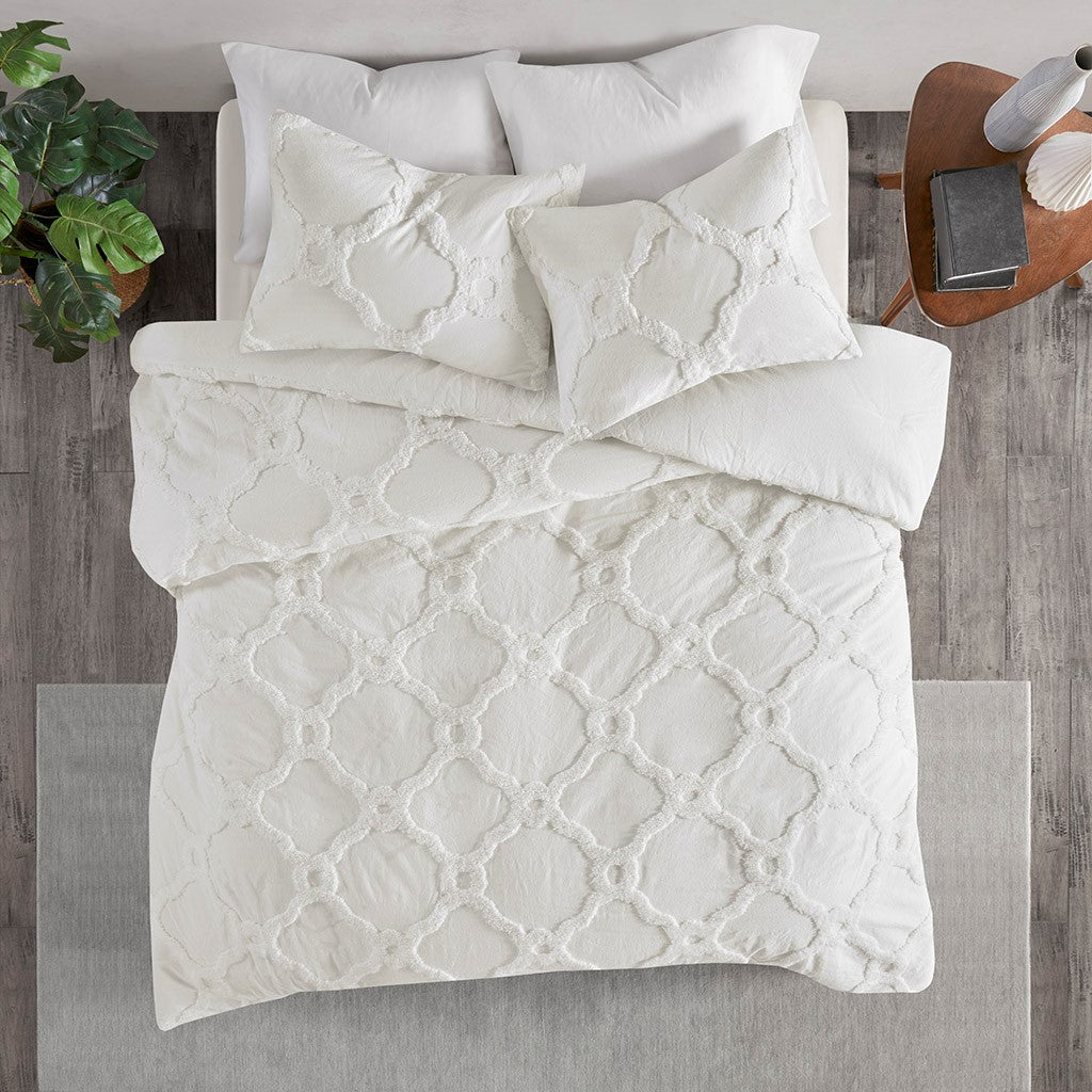 3 Piece Tufted Cotton Chenille Geometric Comforter Set Off White King Cal King King Off White Cotton
