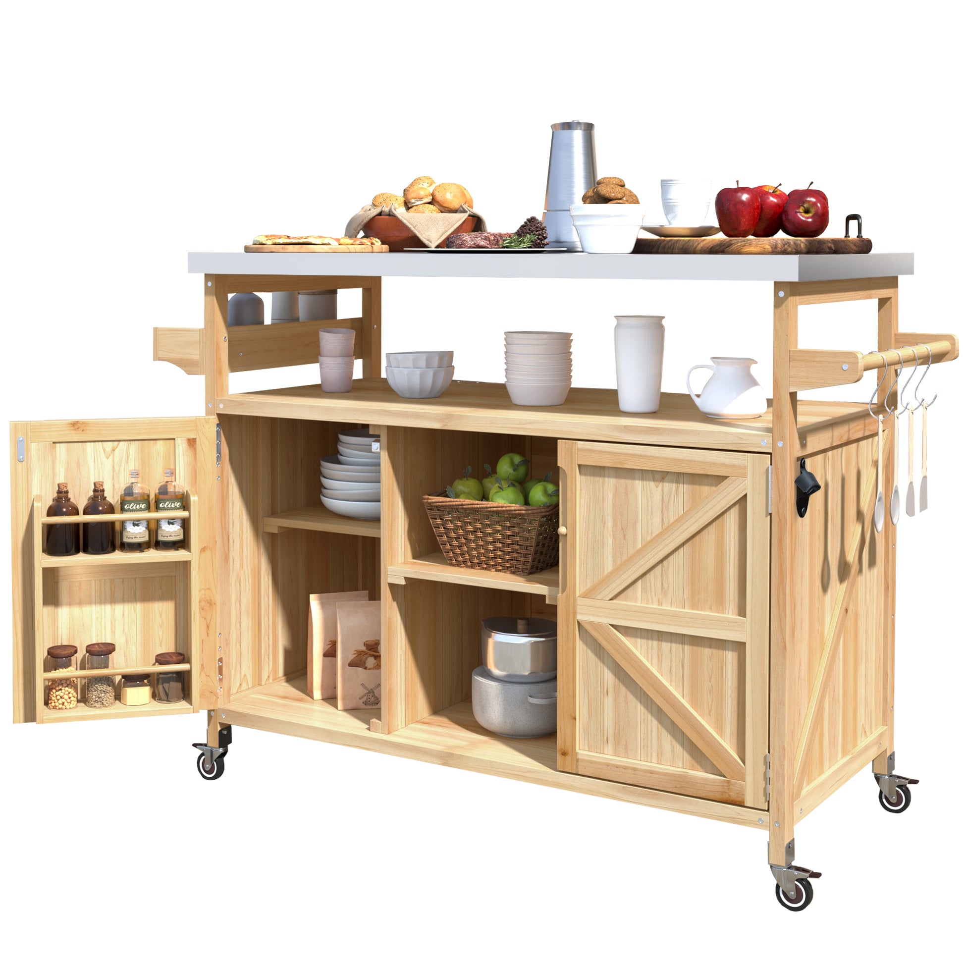 K&K Outdoor Kitchen Island, Rolling Bar Cart & Storage Cabinet, Farmhouse Solid Wood Outdoor Grill Table With Stainless Steel Top, Spice Racktowel Rack For Kitchen & Bbqnatural Natural Garden & Outdoor Classic,Farmhouse,French Country,Luxury,Modern Wood