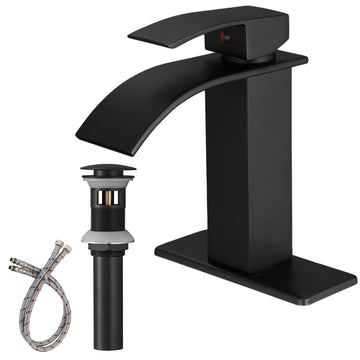 Matte Black Waterfall Single Handle Low Arc Bathroom Faucet With Drain Matte Black Brass