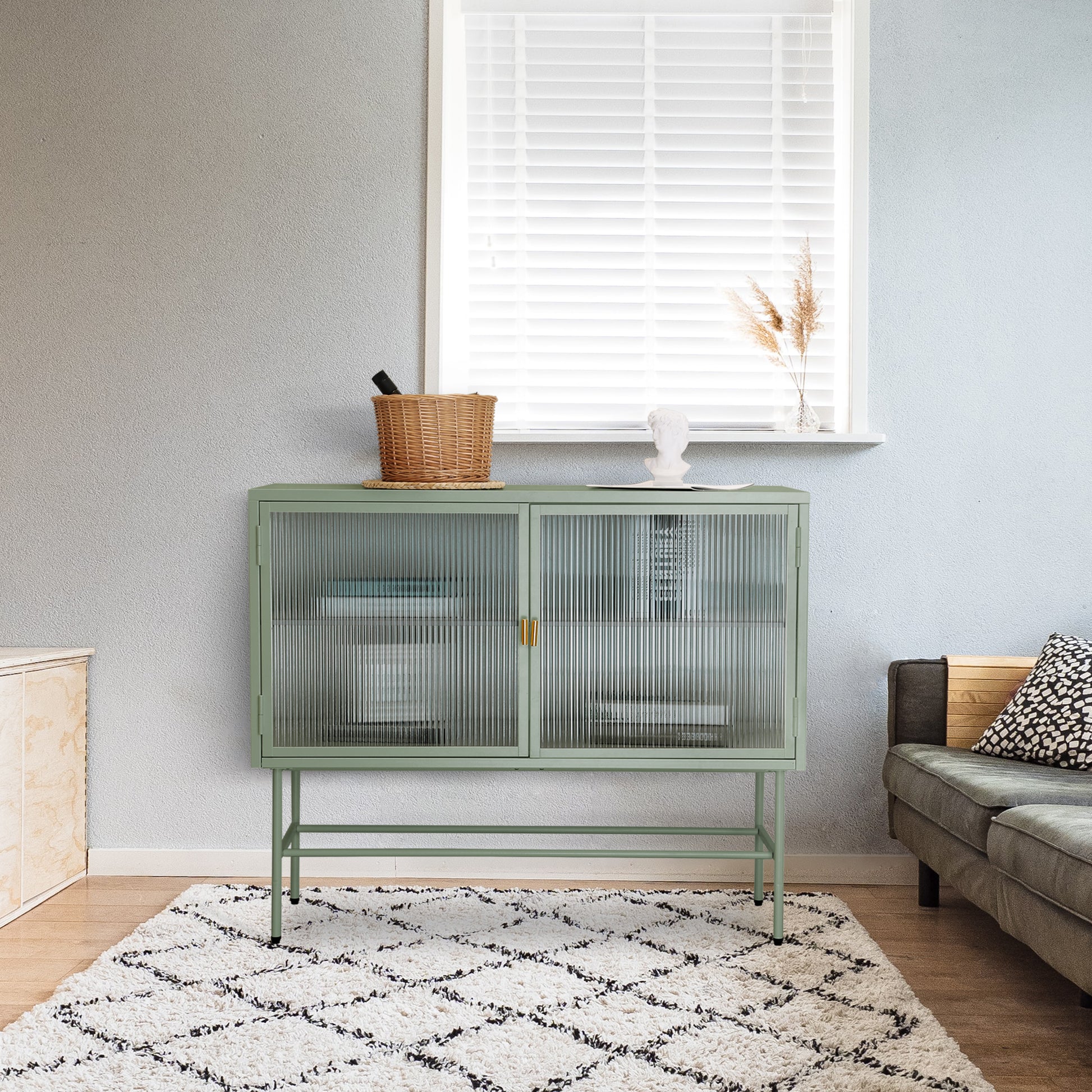 Mint Green Sideboard Storage Cabinet With Two Fluted Glass Doors Detachable Shelves Bottom Space For Living Room, Office, Dinging Room And Entryway Old Sku:W68743733 Green Steel