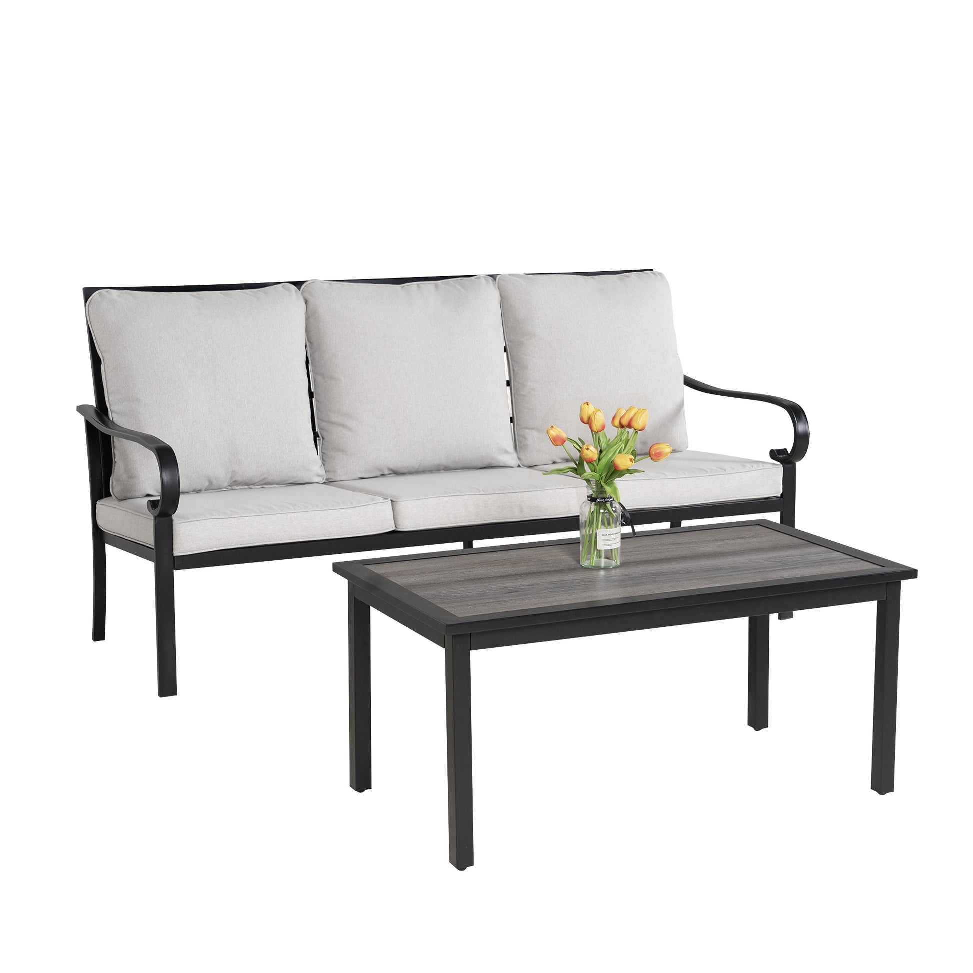 Patio 3 Seater Sofa With Table, Outdoor Conversation Furniture With Gray Cushions For Porch Balcony Deck Yes Sectional Black Grey Seats 2 Mildew Resistant Frame Fade Resistant Cushion Garden & Outdoor American Design Sectional Seating Groups Iron