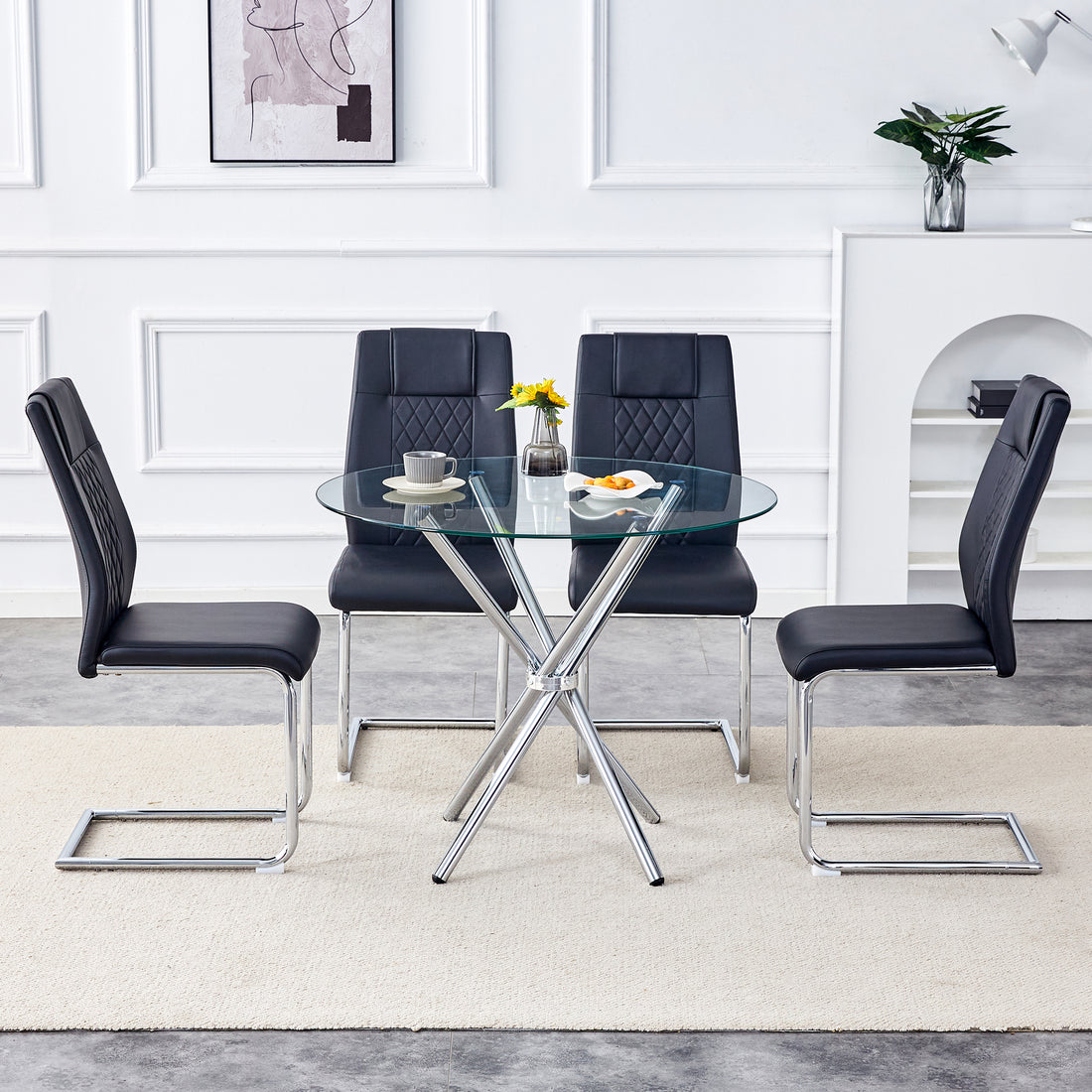 Table And Chair Set.36.6"Round Clear Glass Dining Table With A Unique Shape With Ring Shaped Gathered Silver Metal Legs.Paired With 4 Black High Quality Pu Dining Chairs With Silver Metal Legs.