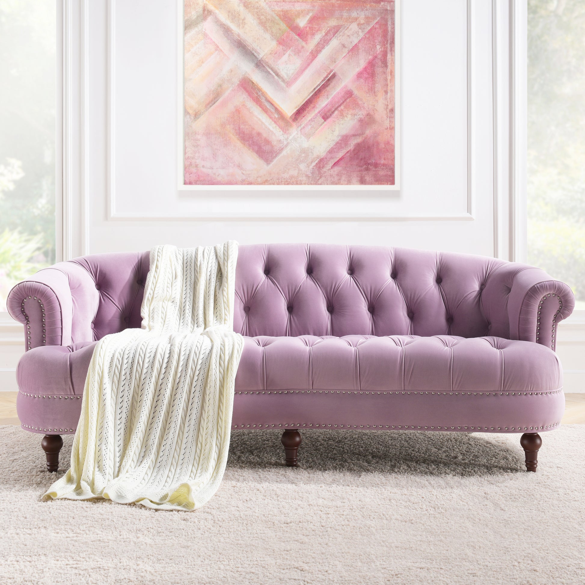 La Rosa Victorian Chesterfield Tufted Sofa, Lavender Velvet Lavender Purple Foam Velvet 3 Seat