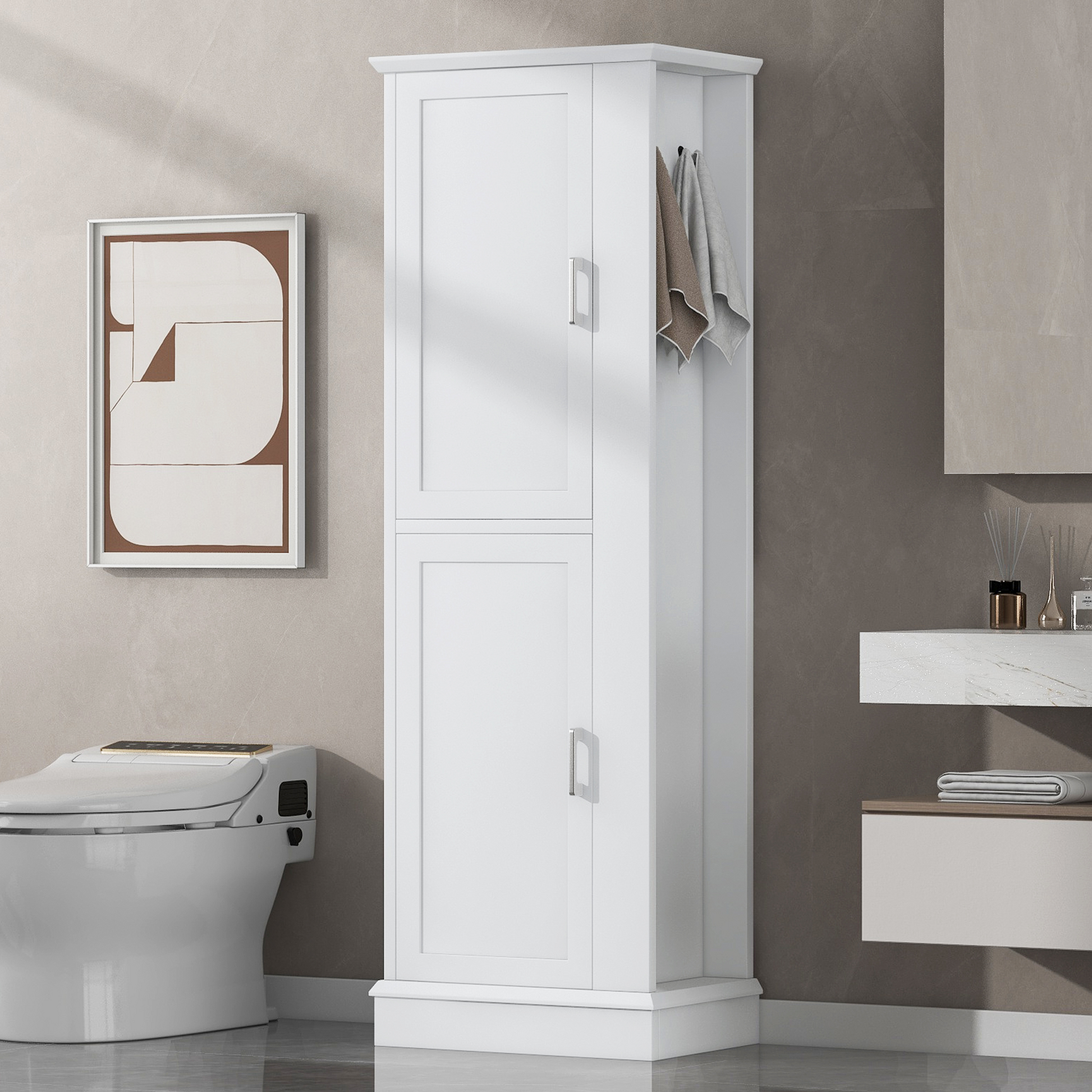 Tall Bathroom Storage Cabinet, Freestanding Storage Cabinet With Hook And Adjustable Shelf, Mdf Board, White White 2 Mdf