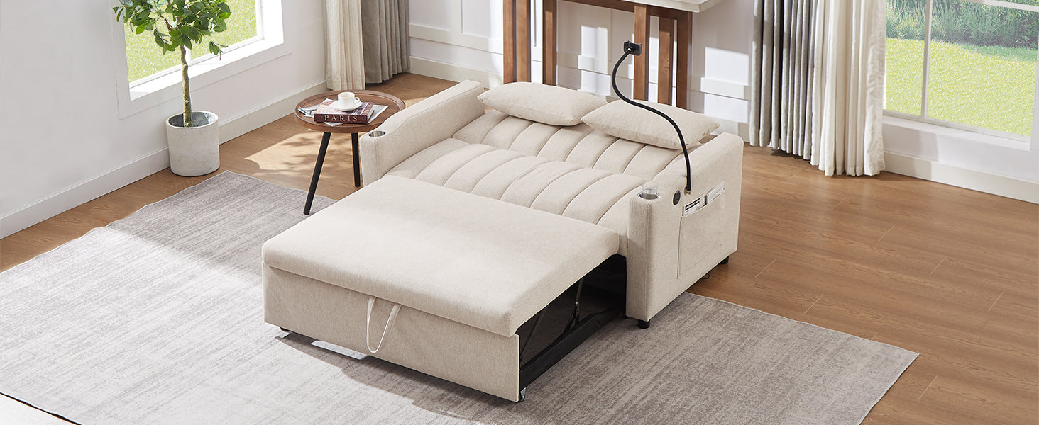 55.9" Convertible Sofa Bed Loveseat Sofa With Three Usb Ports, Two Side Pockets, Two Cup Holders And 360 Swivel Phone Holder For Living Room, Beige Beige Foam Polyester